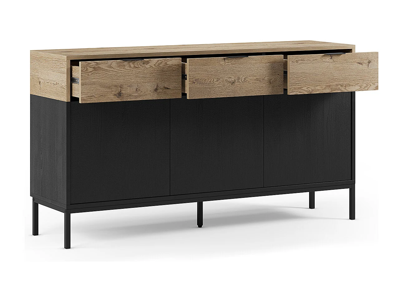 Buffet, meuble de rangement avec 3 portes et 3 tiroirs aspect bois coloris chêne et pieds en métal noir - Longueur 150 x Profondeur 40 x Hauteur 80 cm