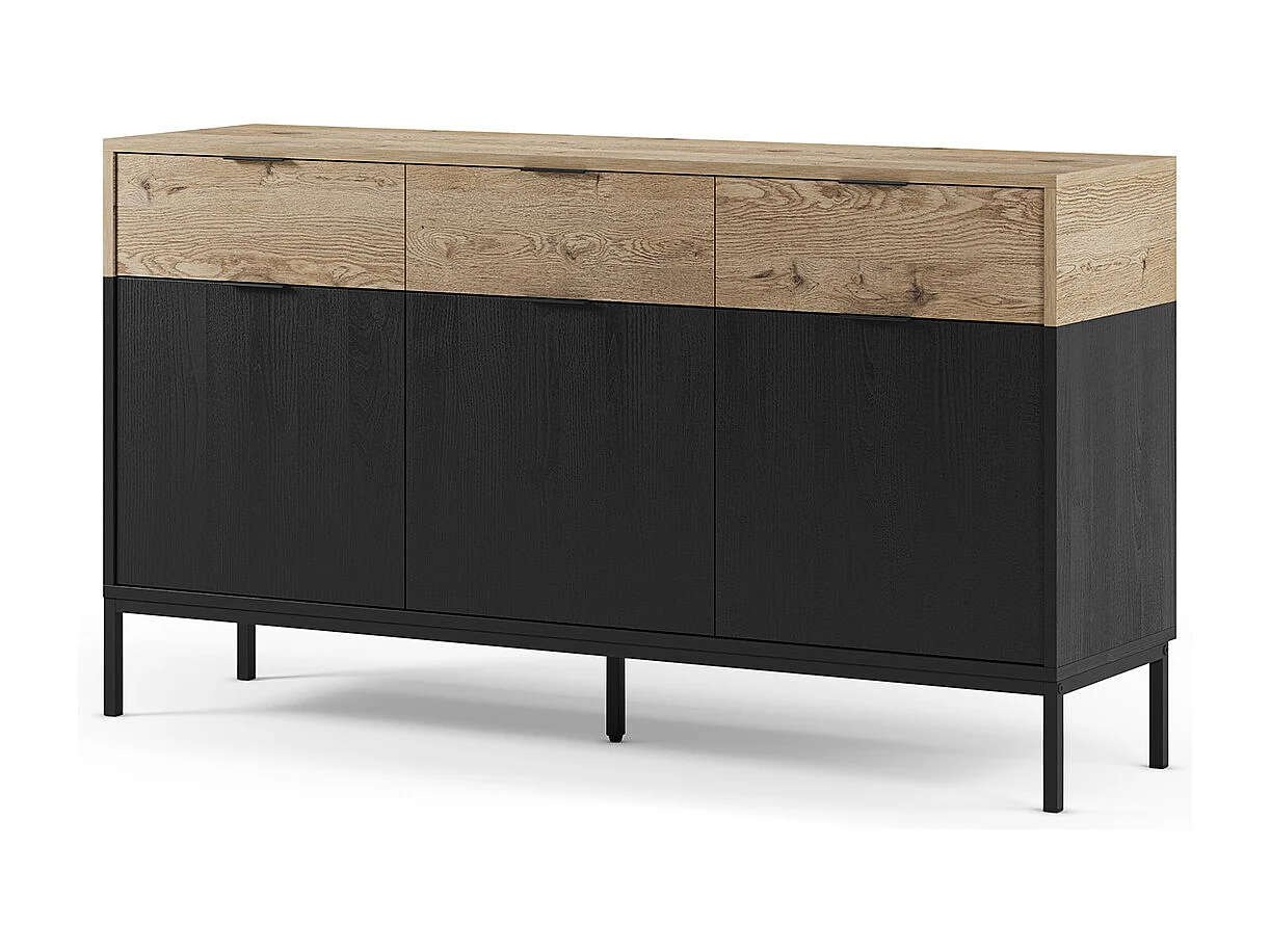 Buffet, meuble de rangement avec 3 portes et 3 tiroirs aspect bois coloris chêne et pieds en métal noir - Longueur 150 x Profondeur 40 x Hauteur 80 cm