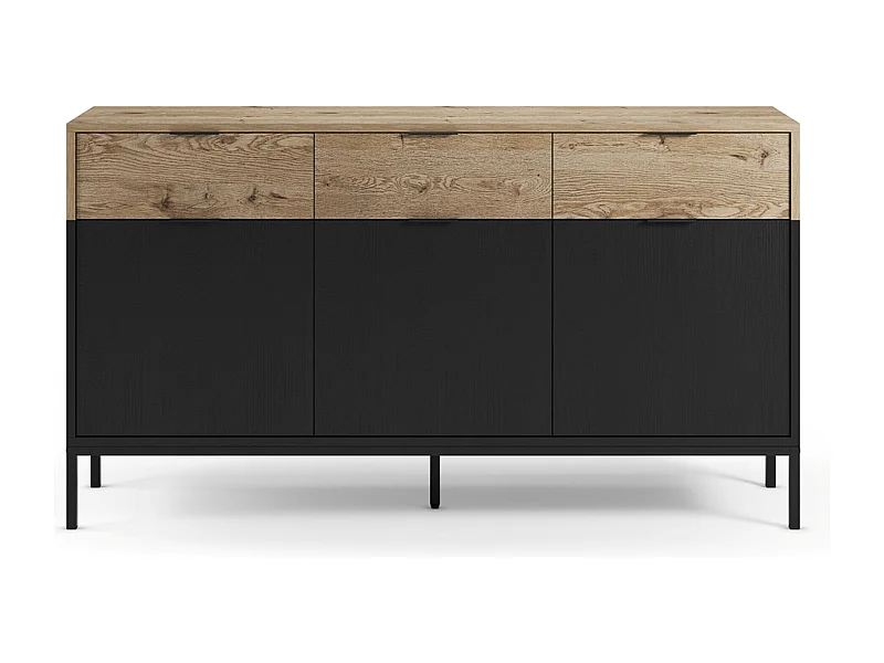 Buffet, meuble de rangement avec 3 portes et 3 tiroirs aspect bois coloris chêne et pieds en métal noir - Longueur 150 x Profondeur 40 x Hauteur 80 cm