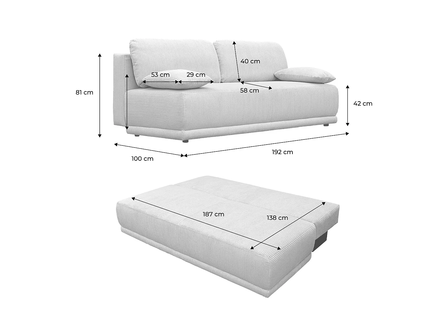 Banquette convertible 3 places velours côtelé taupe avec coffre de rangement - L 192 x P 100 x H 81cm -Nelson