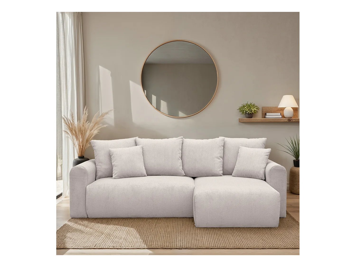 Canapé d'angle convertible réversible 3 places velours côtelé greige avec coffre de rangement - Almo