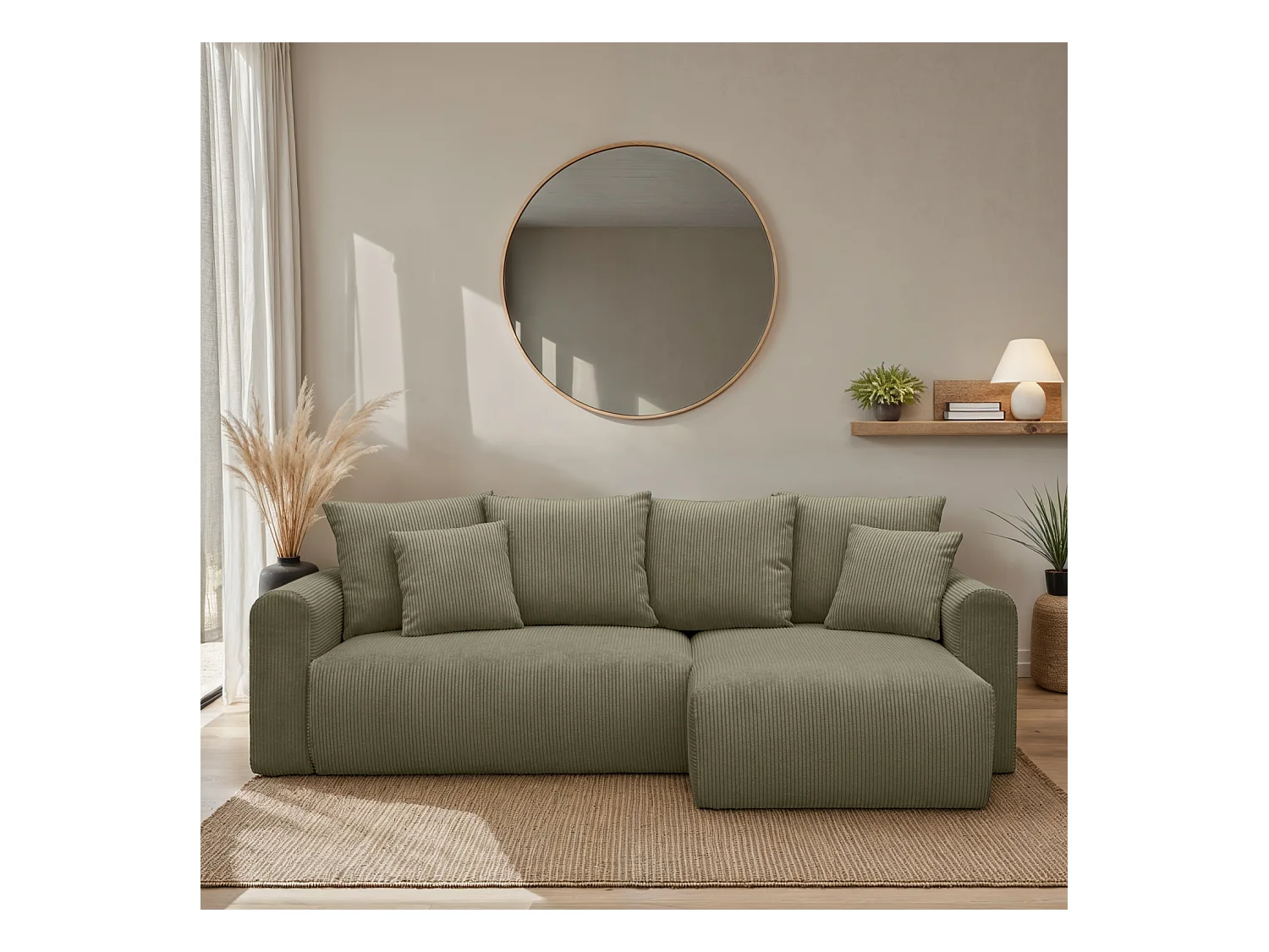 Canapé d'angle convertible réversible 3 places velours côtelé kaki avec coffre de rangement - Almo