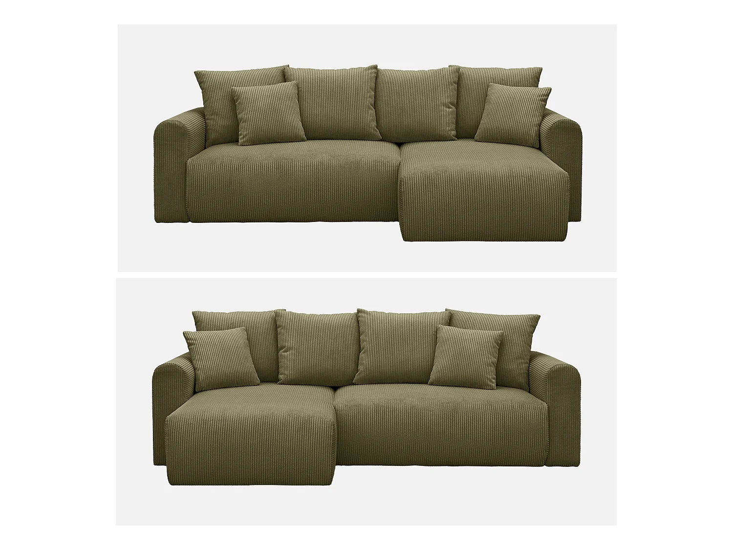 Canapé d'angle convertible réversible 3 places velours côtelé kaki avec coffre de rangement - Almo