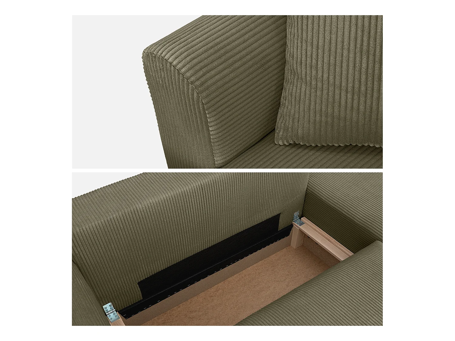 Canapé d'angle convertible réversible 3 places velours côtelé kaki avec coffre de rangement - Almo