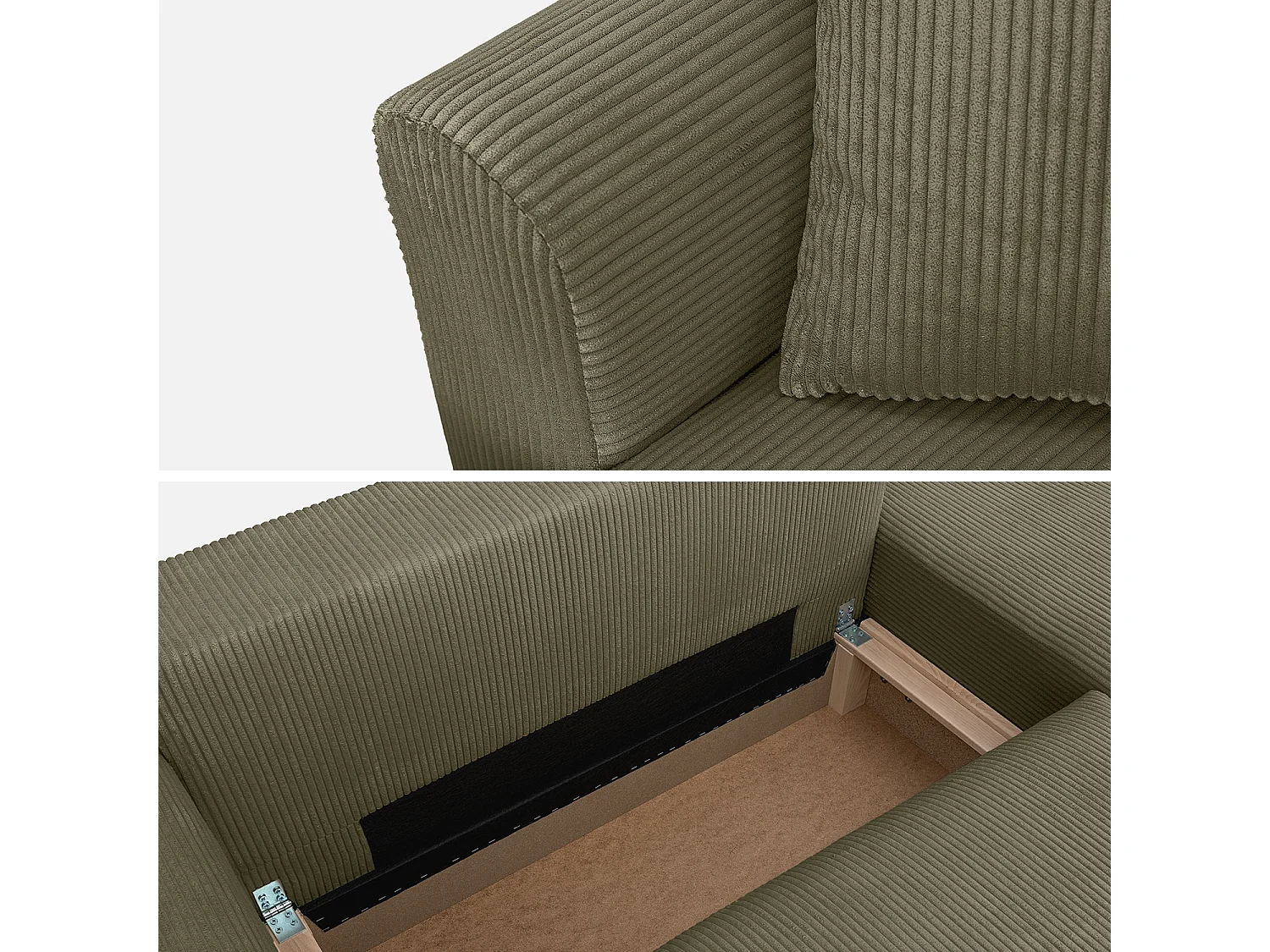 Divano letto angolare reversibile 3 posti velluto a coste, verde kaki