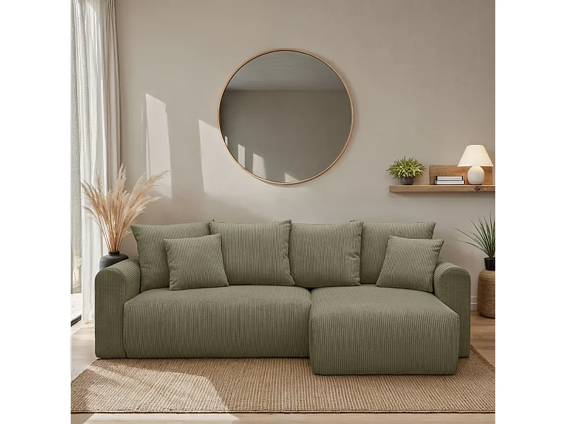 Canapé d'angle convertible réversible 3 places velours côtelé kaki avec coffre de rangement - Almo