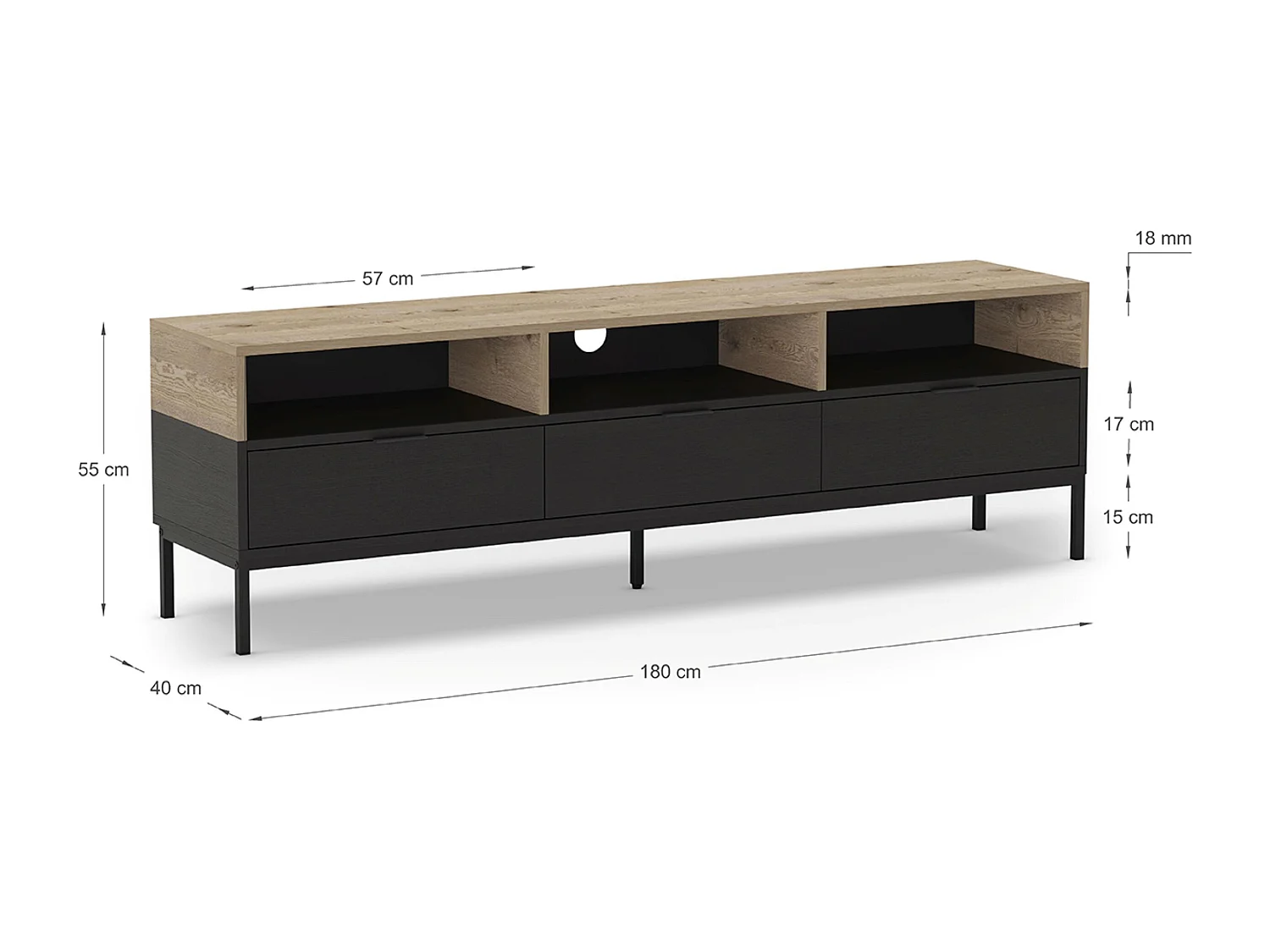 Meuble TV, Meuble de salon aspect bois coloris chêne, noir et pieds en métal - Longueur 180 x Profondeur 40 x Hauteur 55 cm