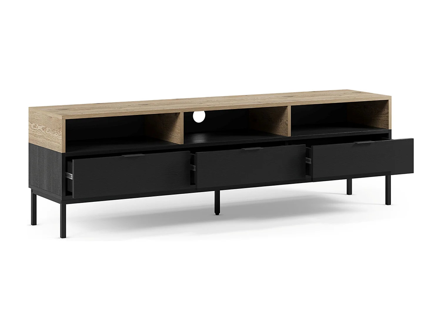 Meuble TV, Meuble de salon aspect bois coloris chêne, noir et pieds en métal - Longueur 180 x Profondeur 40 x Hauteur 55 cm