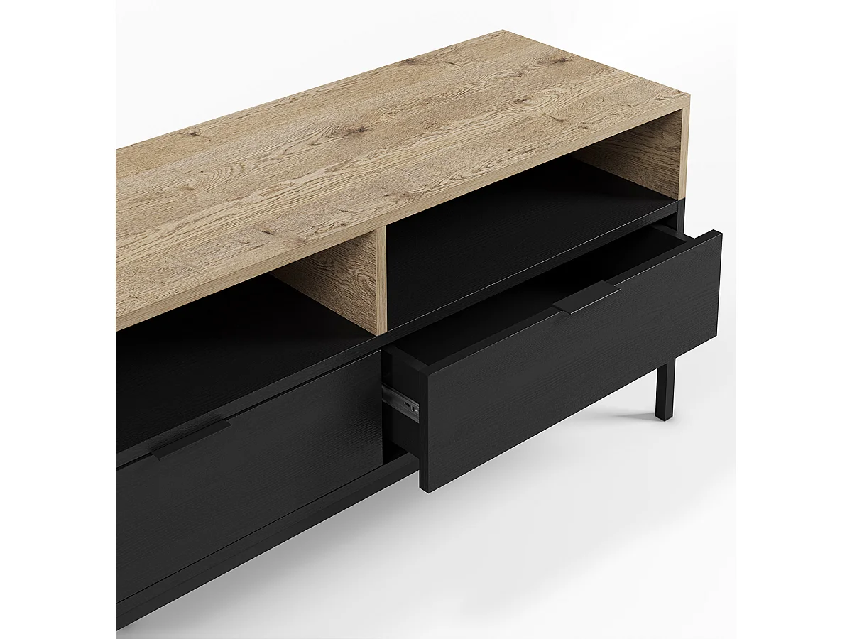 Meuble TV, Meuble de salon aspect bois coloris chêne, noir et pieds en métal - Longueur 180 x Profondeur 40 x Hauteur 55 cm