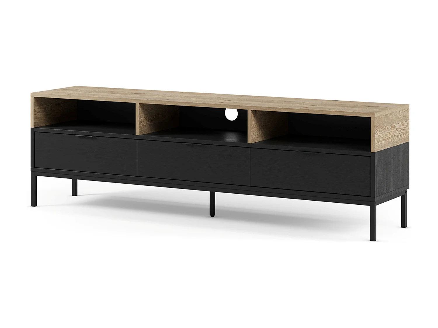 Meuble TV, Meuble de salon aspect bois coloris chêne, noir et pieds en métal - Longueur 180 x Profondeur 40 x Hauteur 55 cm