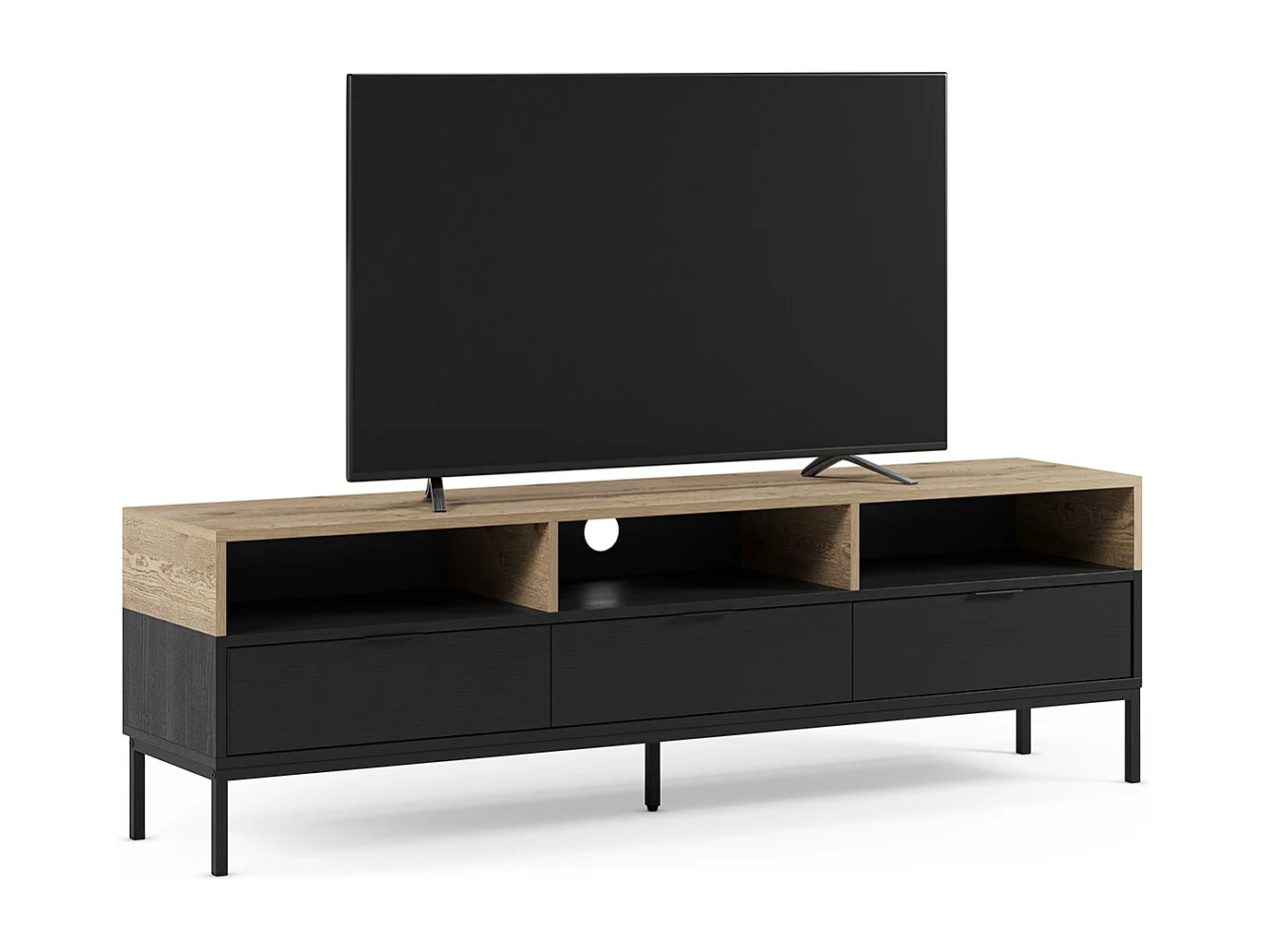 Meuble TV, Meuble de salon aspect bois coloris chêne, noir et pieds en métal - Longueur 180 x Profondeur 40 x Hauteur 55 cm