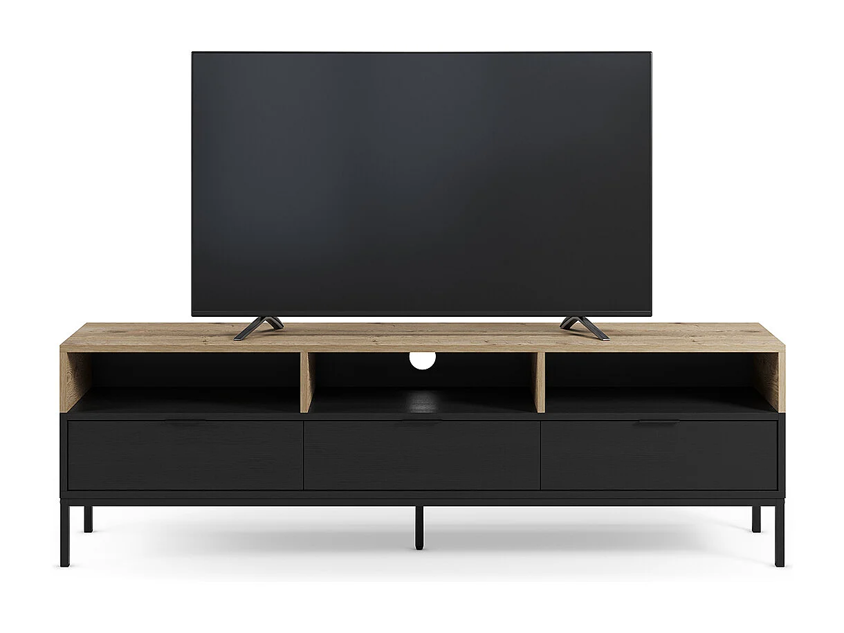 Meuble TV, Meuble de salon aspect bois coloris chêne, noir et pieds en métal - Longueur 180 x Profondeur 40 x Hauteur 55 cm