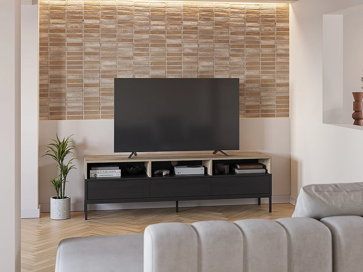 Meuble TV, Meuble de salon aspect bois coloris chêne, noir et pieds en métal - Longueur 180 x Profondeur 40 x Hauteur 55 cm