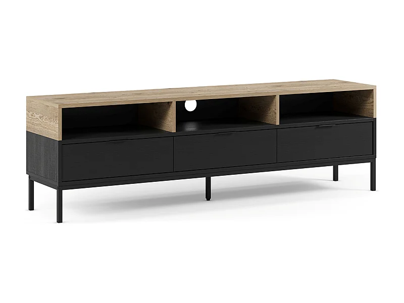 Meuble TV, Meuble de salon aspect bois coloris chêne, noir et pieds en métal - Longueur 180 x Profondeur 40 x Hauteur 55 cm
