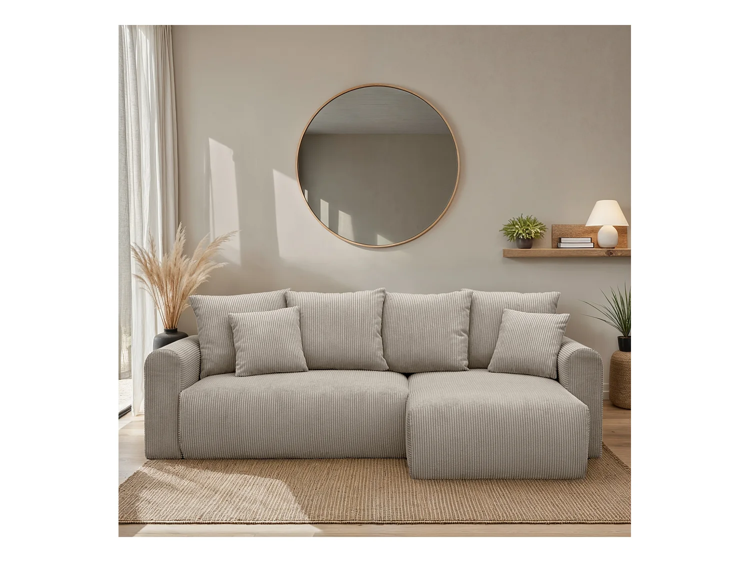 Canapé d'angle convertible réversible 3 places velours côtelé taupe avec coffre de rangement - Almo