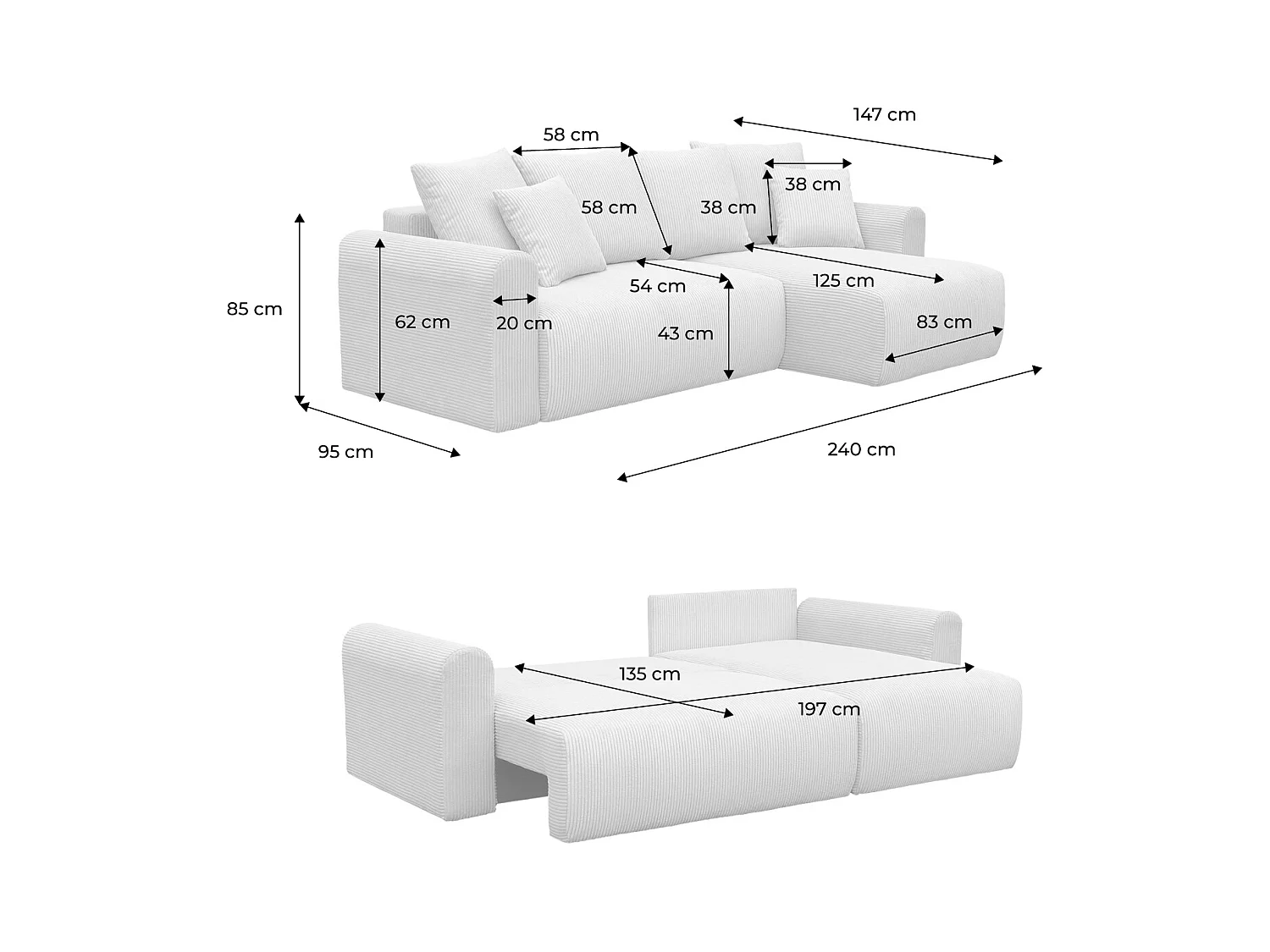 Canapé d'angle convertible réversible 3 places velours côtelé taupe avec coffre de rangement - Almo