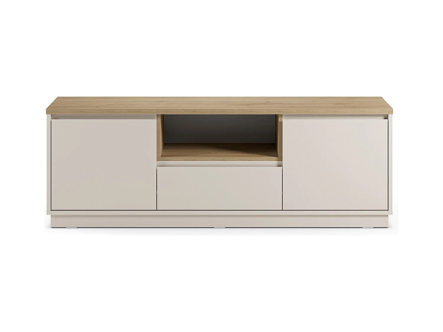 Meuble TV, Meuble de salon avec 2 portes et 1 tiroir aspect bois coloris blanc, chêne - Longueur 161 x Profondeur 40 x Hauteur 55 cm