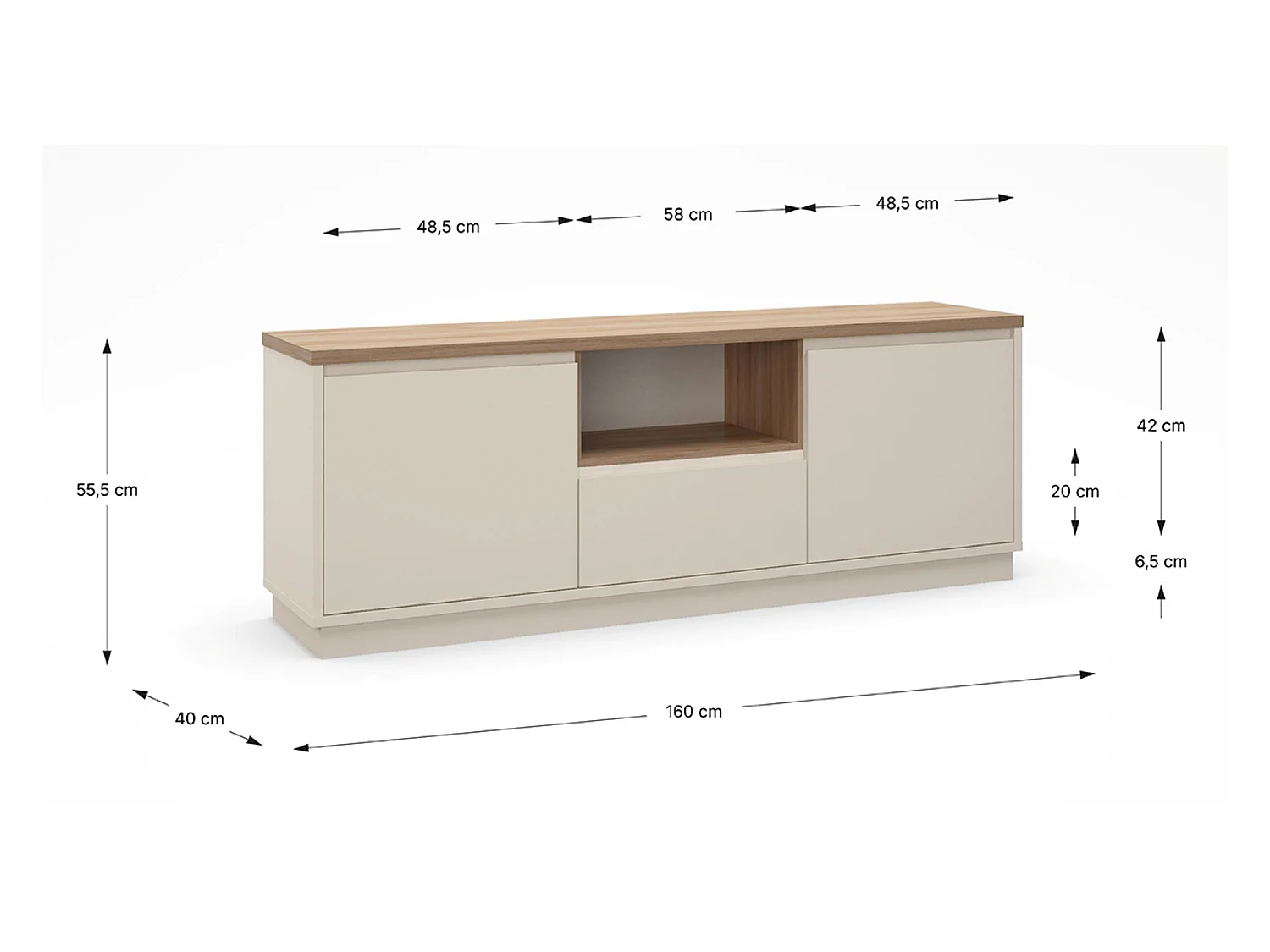 Meuble TV, Meuble de salon avec 2 portes et 1 tiroir aspect bois coloris blanc, chêne - Longueur 161 x Profondeur 40 x Hauteur 55 cm