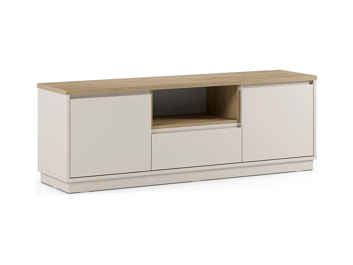 Meuble TV, Meuble de salon avec 2 portes et 1 tiroir aspect bois coloris blanc, chêne - Longueur 161 x Profondeur 40 x Hauteur 55 cm