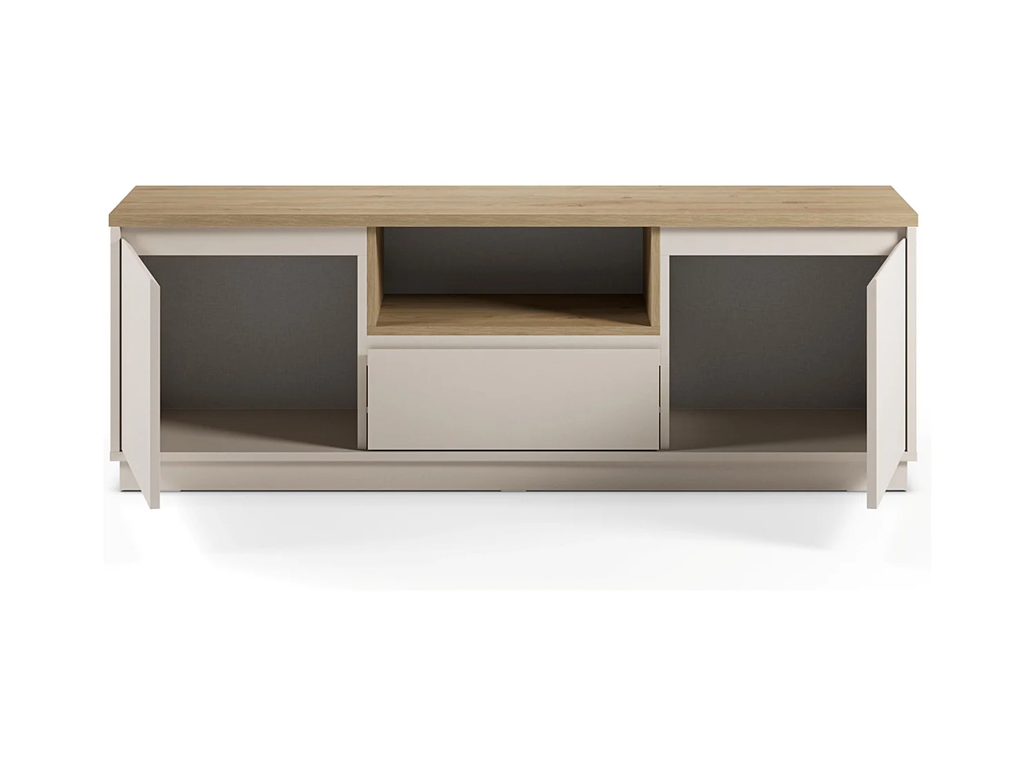 Meuble TV, Meuble de salon avec 2 portes et 1 tiroir aspect bois coloris blanc, chêne - Longueur 161 x Profondeur 40 x Hauteur 55 cm