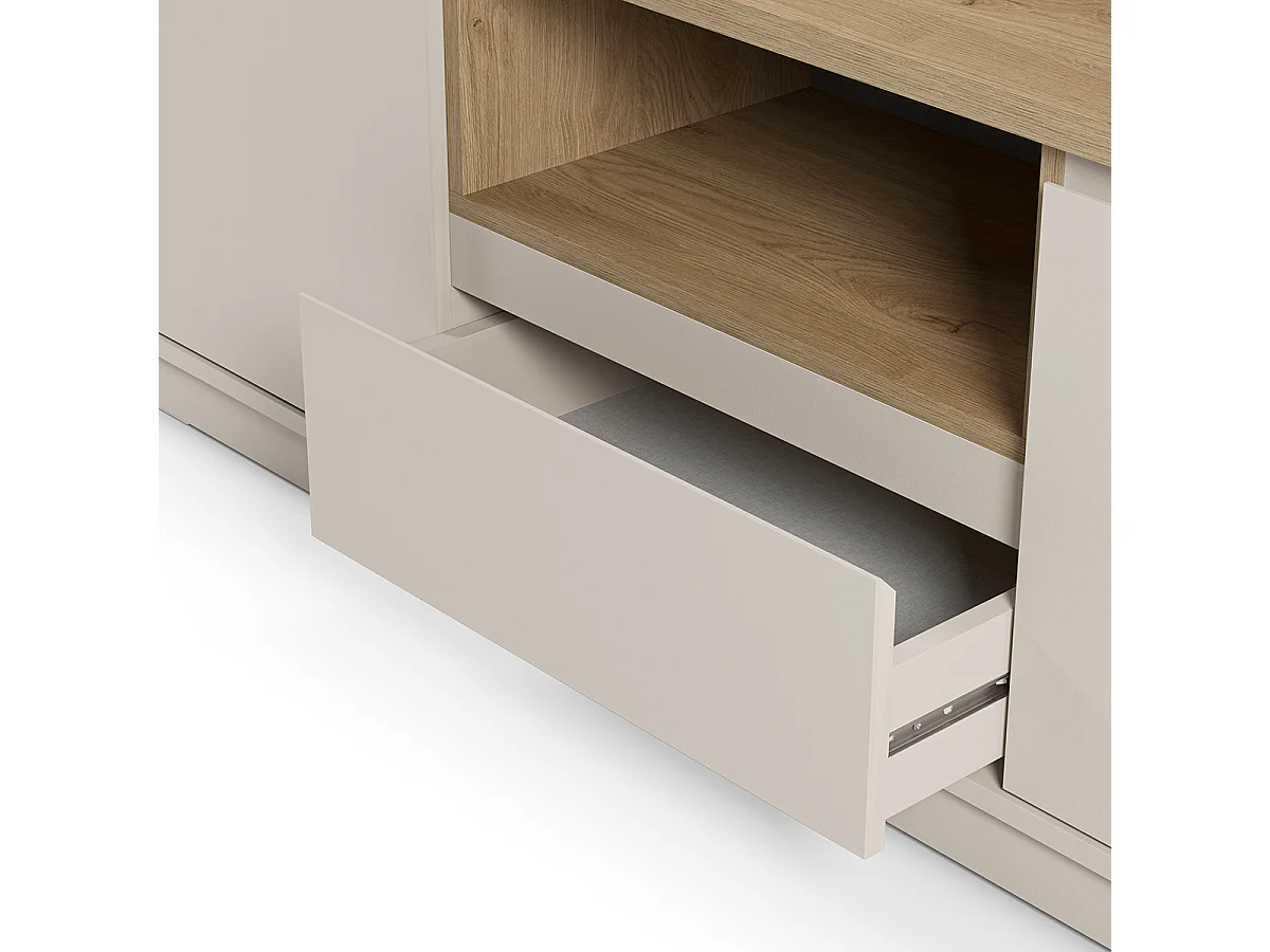 Meuble TV, Meuble de salon avec 2 portes et 1 tiroir aspect bois coloris blanc, chêne - Longueur 161 x Profondeur 40 x Hauteur 55 cm