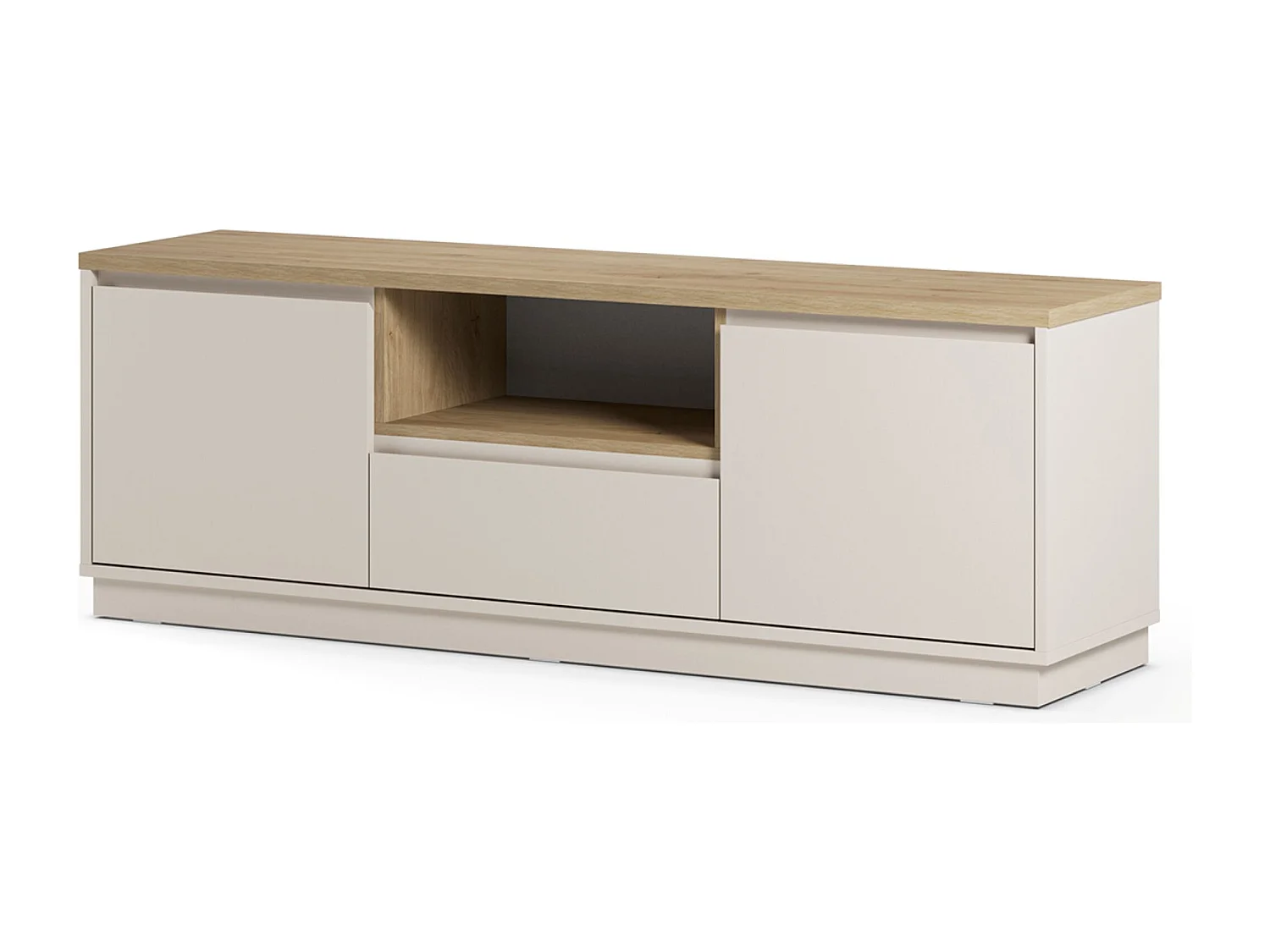 Meuble TV, Meuble de salon avec 2 portes et 1 tiroir aspect bois coloris blanc, chêne - Longueur 161 x Profondeur 40 x Hauteur 55 cm