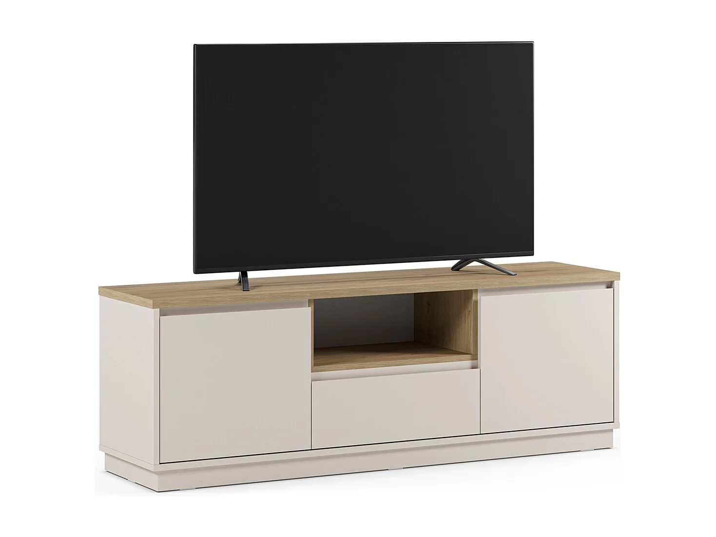 Meuble TV, Meuble de salon avec 2 portes et 1 tiroir aspect bois coloris blanc, chêne - Longueur 161 x Profondeur 40 x Hauteur 55 cm