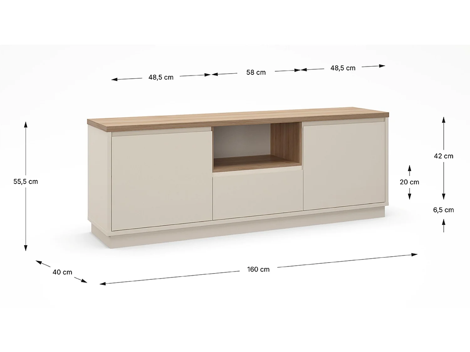 Meuble TV, Meuble de salon avec 2 portes et 1 tiroir aspect bois coloris blanc, chêne - Longueur 161 x Profondeur 40 x Hauteur 55 cm