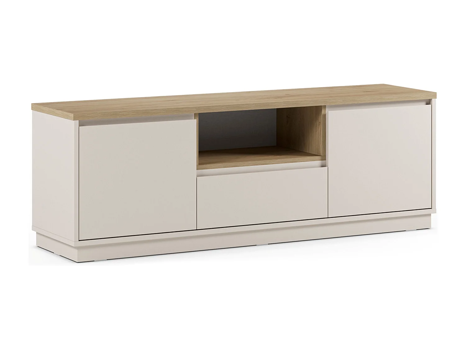 Meuble TV, Meuble de salon avec 2 portes et 1 tiroir aspect bois coloris blanc, chêne - Longueur 161 x Profondeur 40 x Hauteur 55 cm