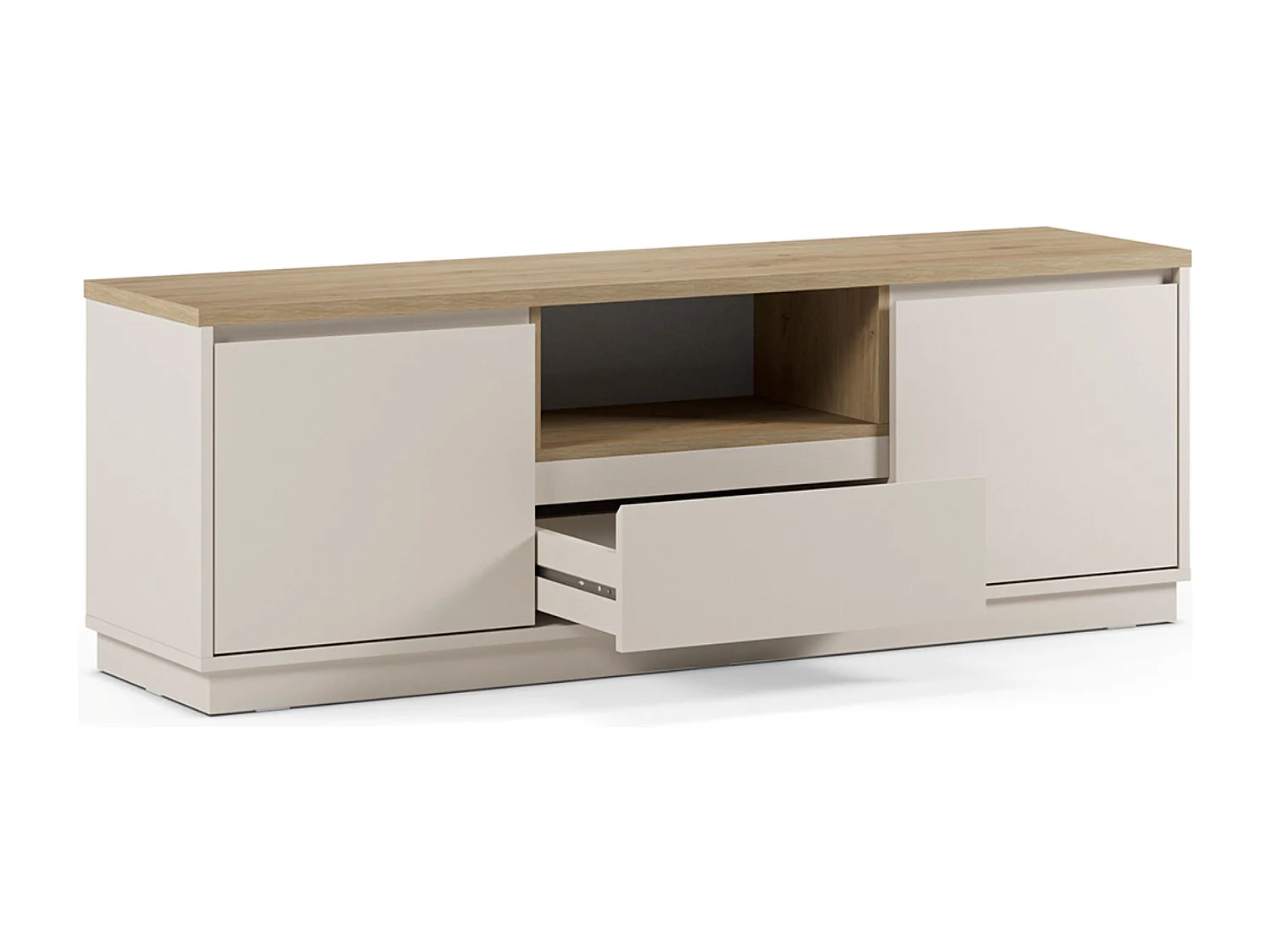 Meuble TV, Meuble de salon avec 2 portes et 1 tiroir aspect bois coloris blanc, chêne - Longueur 161 x Profondeur 40 x Hauteur 55 cm