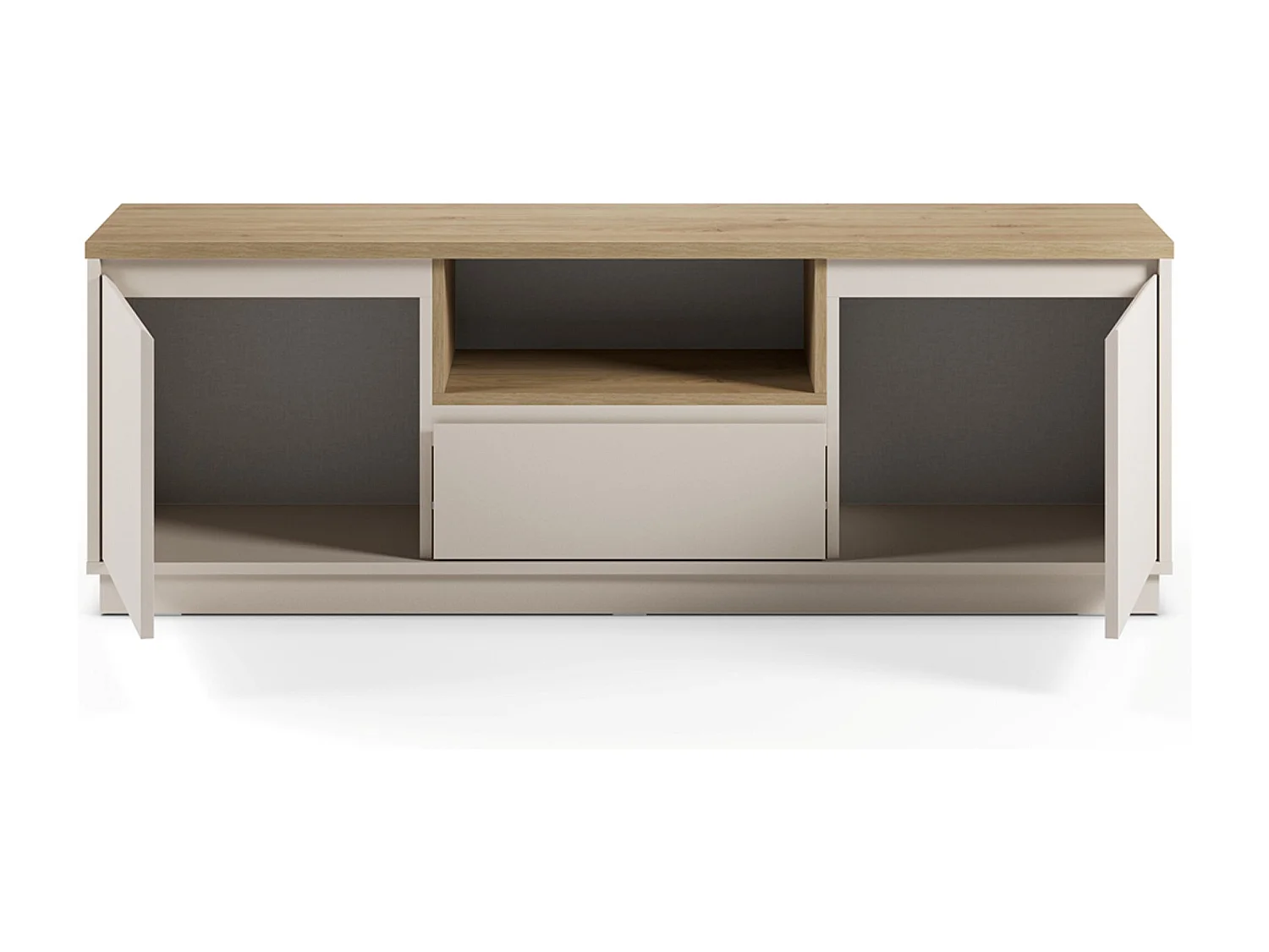 Meuble TV, Meuble de salon avec 2 portes et 1 tiroir aspect bois coloris blanc, chêne - Longueur 161 x Profondeur 40 x Hauteur 55 cm