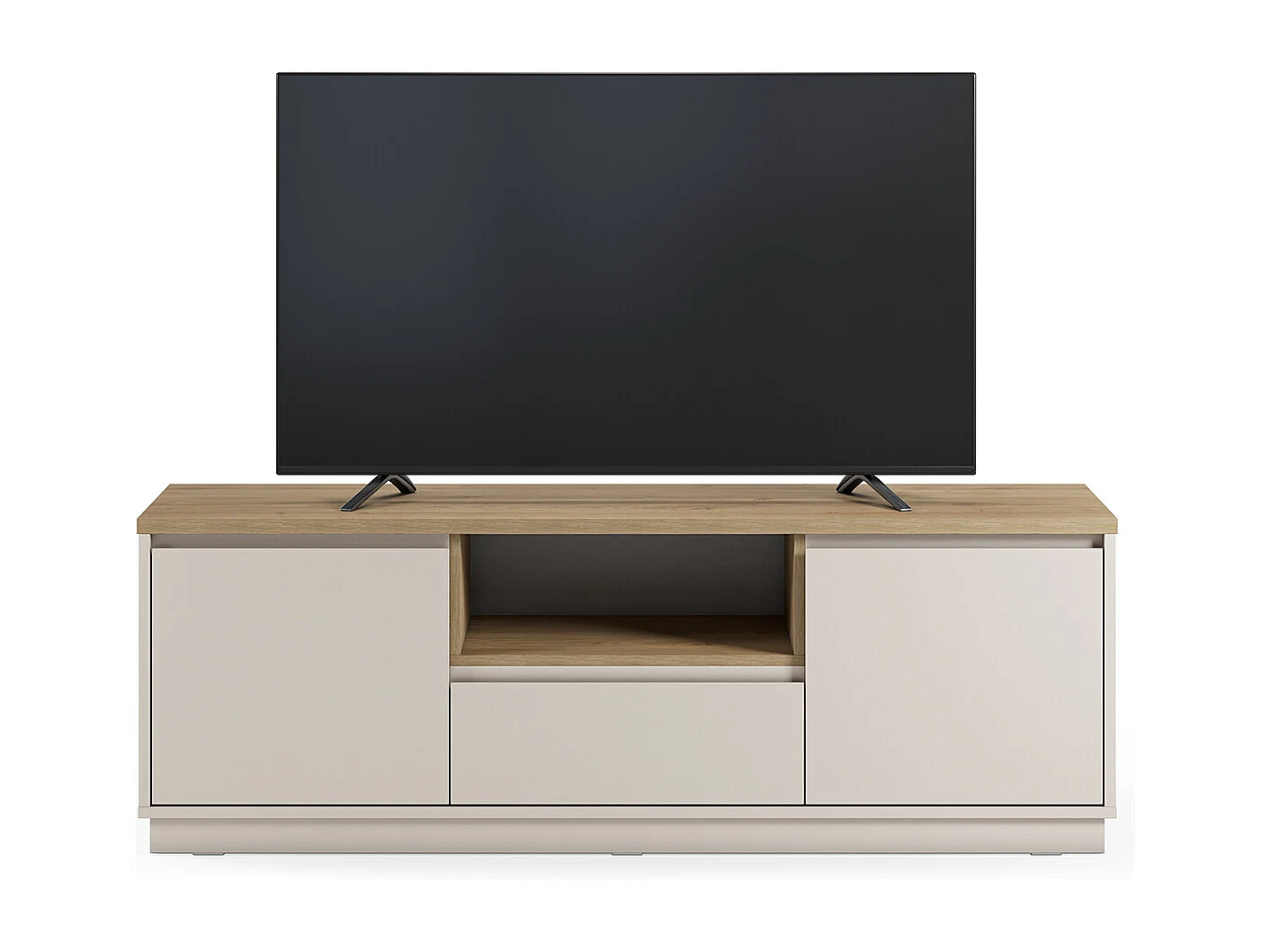 Meuble TV, Meuble de salon avec 2 portes et 1 tiroir aspect bois coloris blanc, chêne - Longueur 161 x Profondeur 40 x Hauteur 55 cm