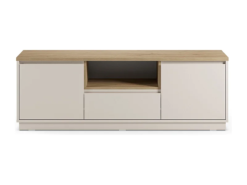 Meuble TV, Meuble de salon avec 2 portes et 1 tiroir aspect bois coloris blanc, chêne - Longueur 161 x Profondeur 40 x Hauteur 55 cm