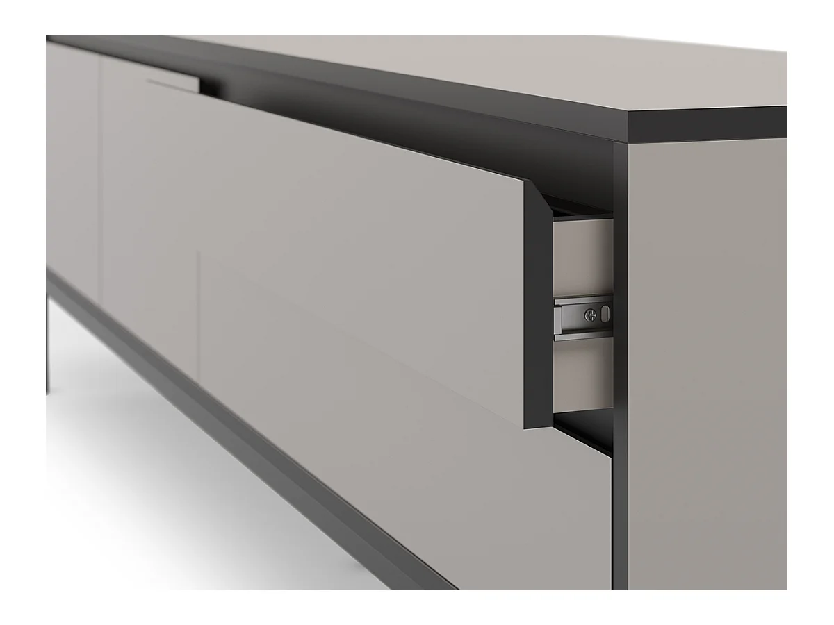 Meuble TV, Meuble de salon avec 2 portes et 2 tiroirs aspect bois coloris crème et pieds en métal noir - Longueur 180 x Profondeur 40 x Hauteur 55 cm