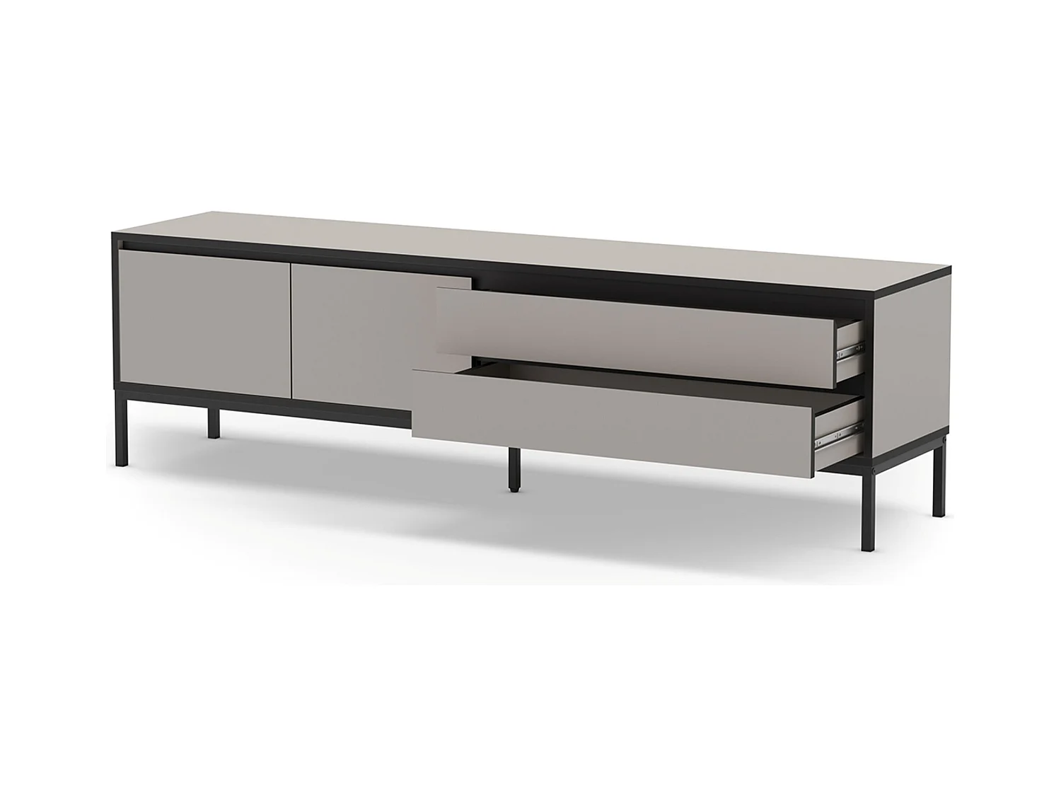 Meuble TV, Meuble de salon avec 2 portes et 2 tiroirs aspect bois coloris crème et pieds en métal noir - Longueur 180 x Profondeur 40 x Hauteur 55 cm