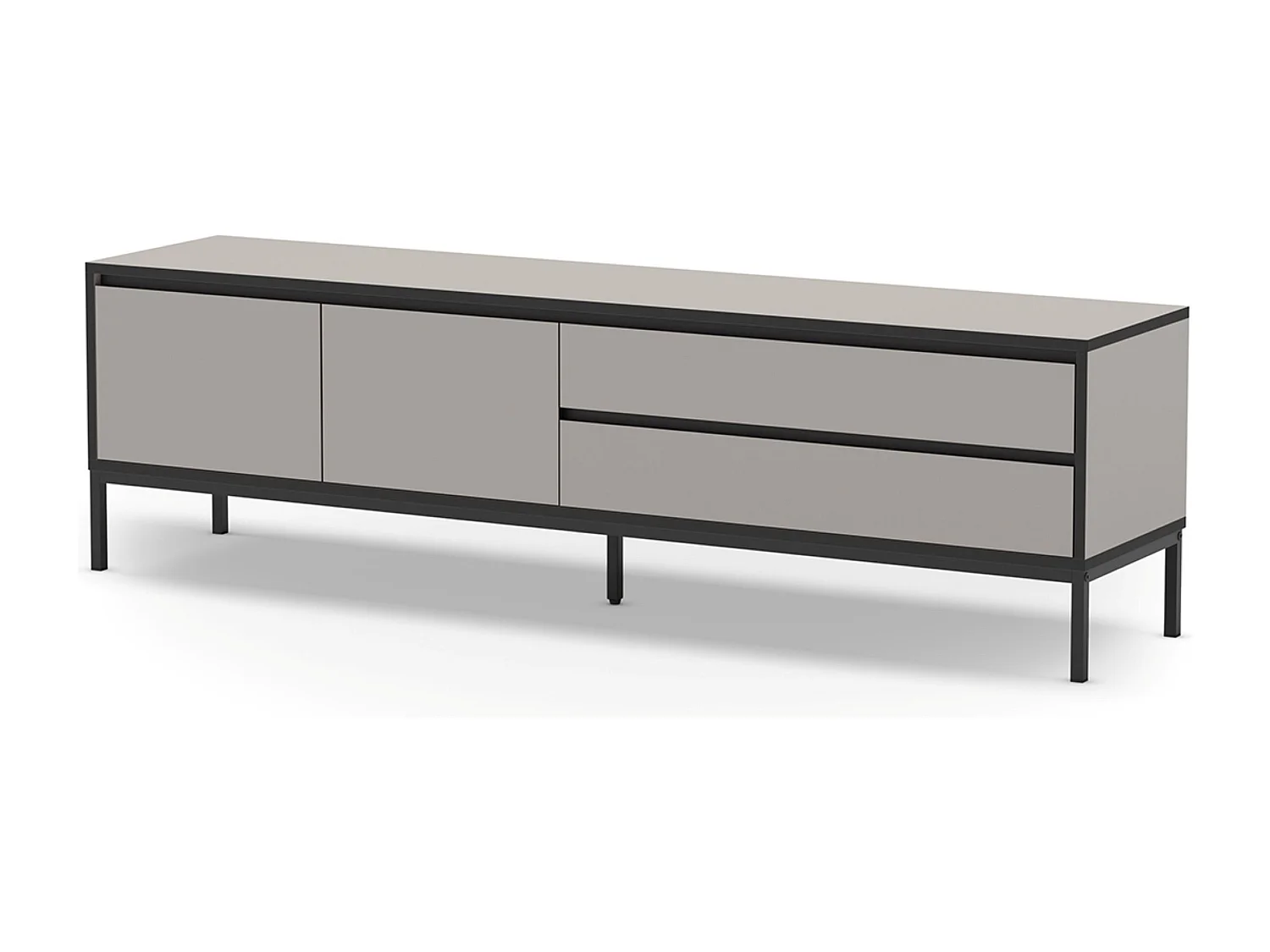 Meuble TV, Meuble de salon avec 2 portes et 2 tiroirs aspect bois coloris crème et pieds en métal noir - Longueur 180 x Profondeur 40 x Hauteur 55 cm