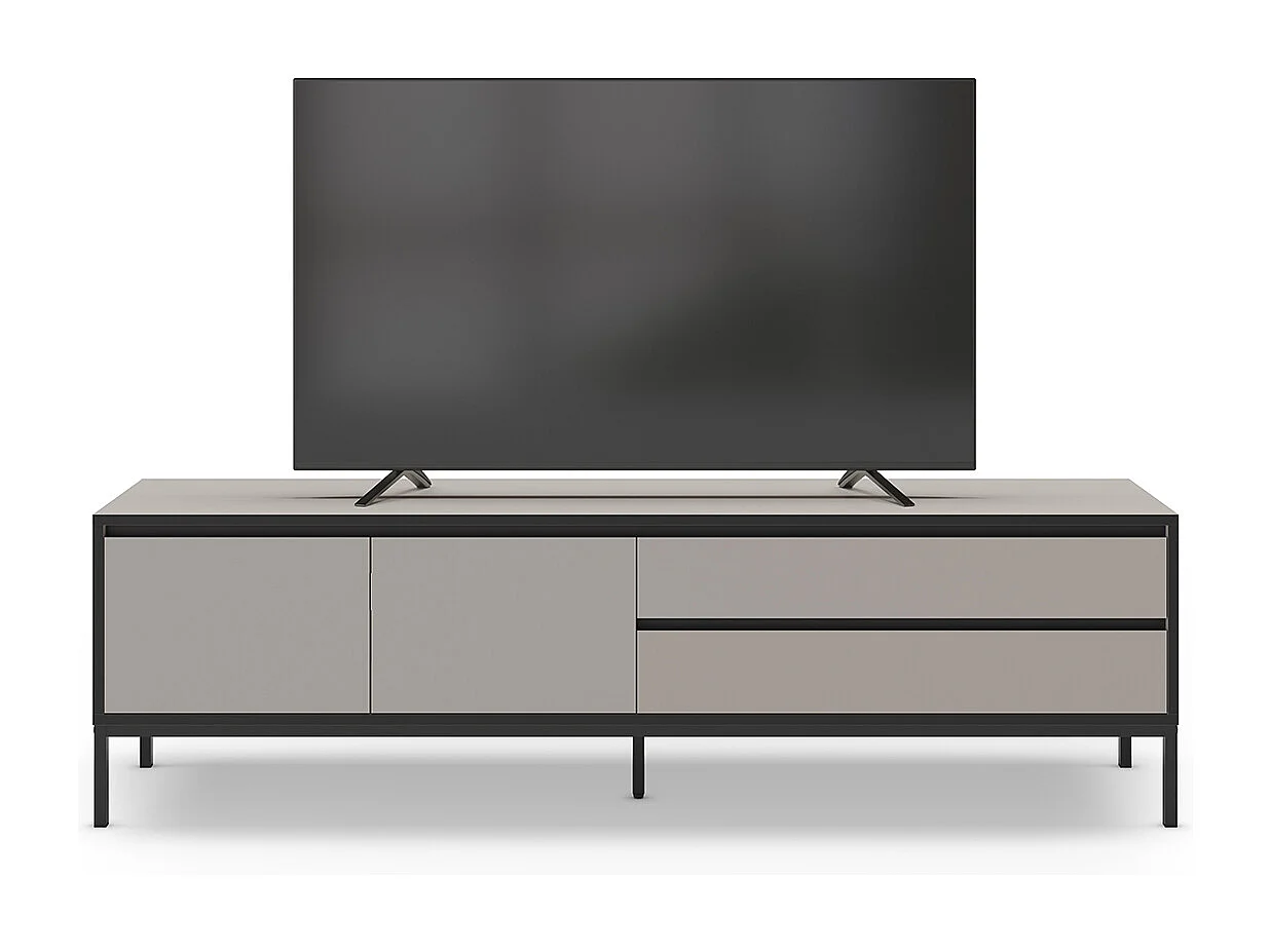 Meuble TV, Meuble de salon avec 2 portes et 2 tiroirs aspect bois coloris crème et pieds en métal noir - Longueur 180 x Profondeur 40 x Hauteur 55 cm