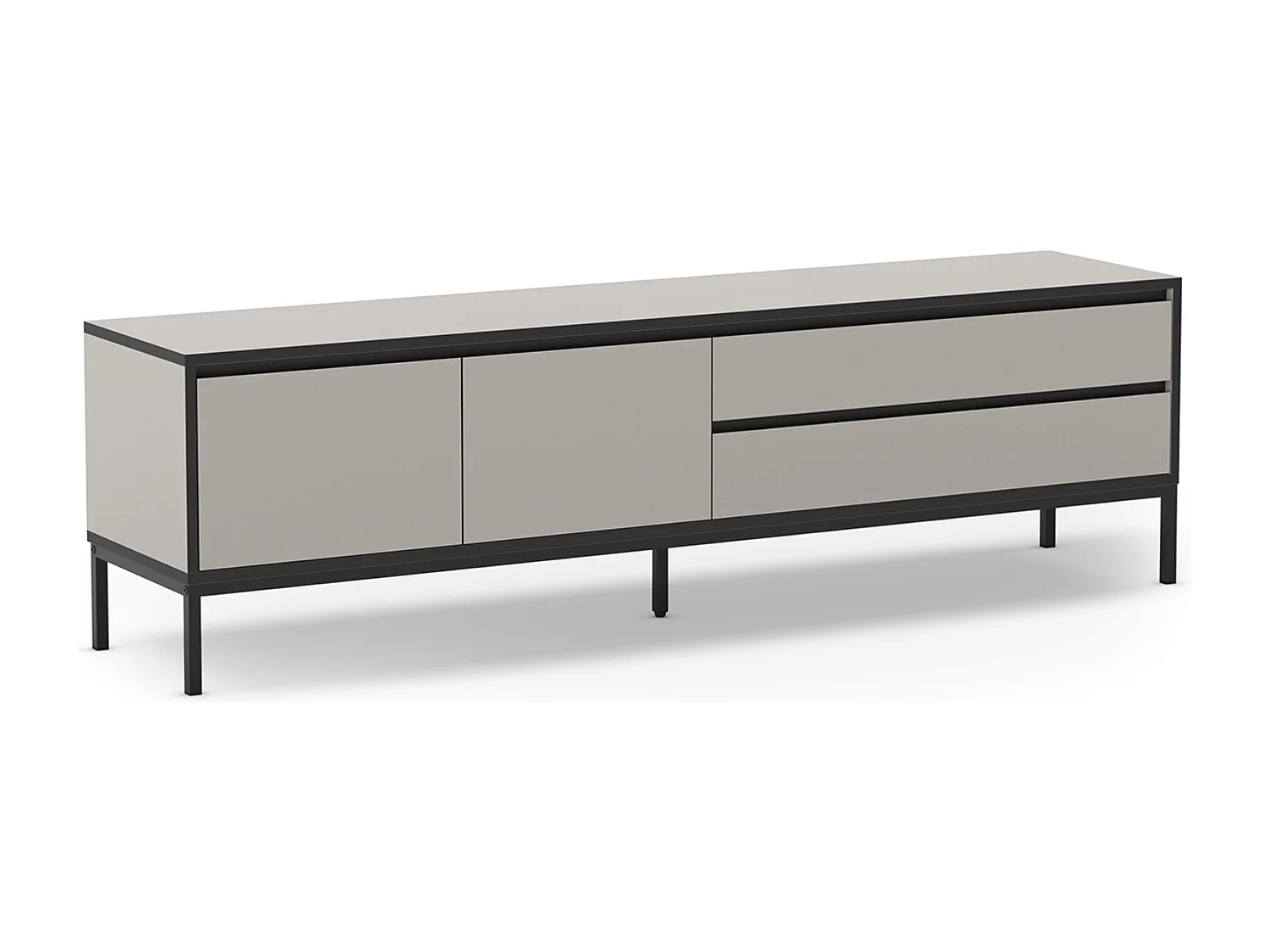 Meuble TV, Meuble de salon avec 2 portes et 2 tiroirs aspect bois coloris crème et pieds en métal noir - Longueur 180 x Profondeur 40 x Hauteur 55 cm