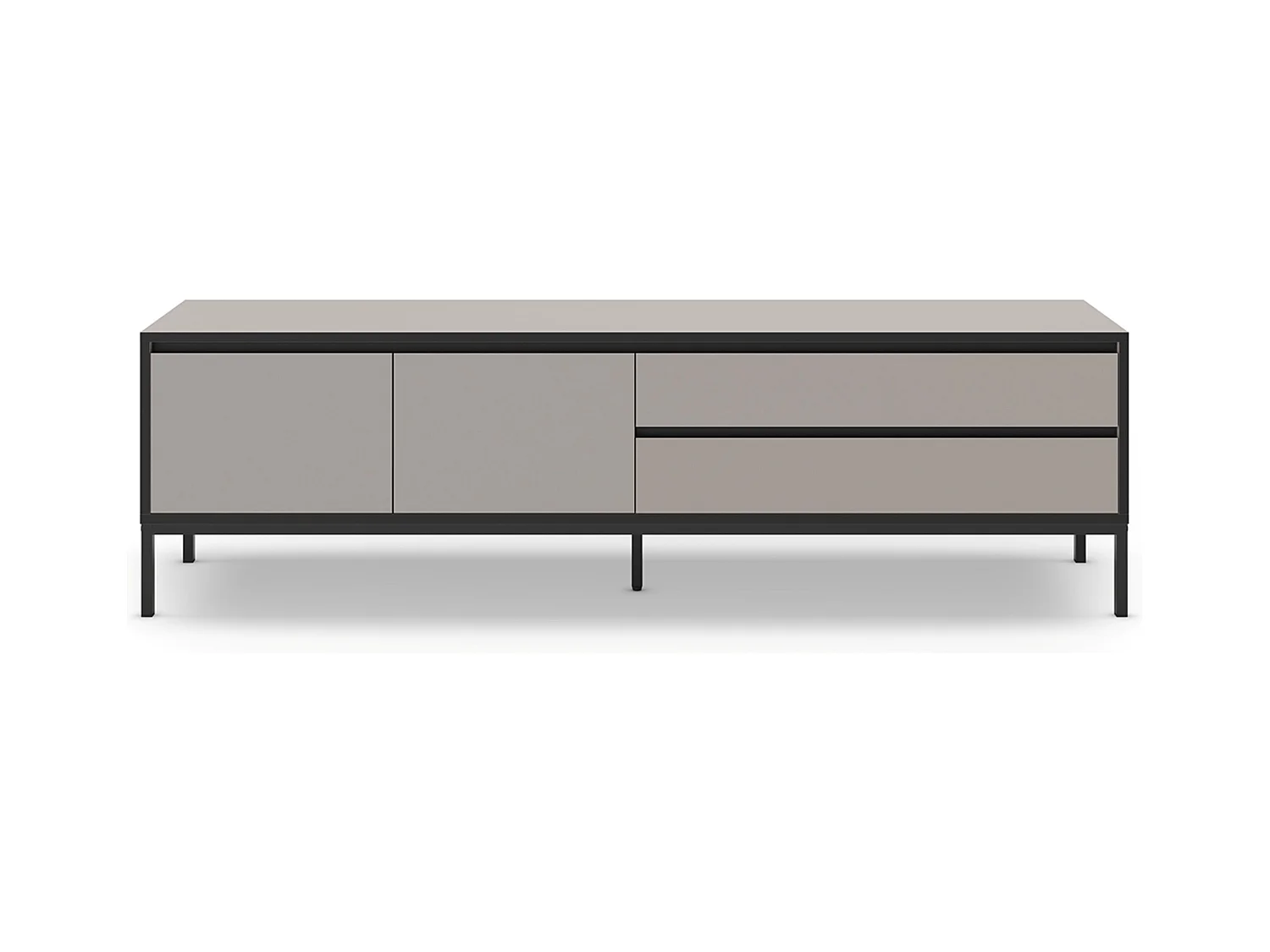 Meuble TV, Meuble de salon avec 2 portes et 2 tiroirs aspect bois coloris crème et pieds en métal noir - Longueur 180 x Profondeur 40 x Hauteur 55 cm