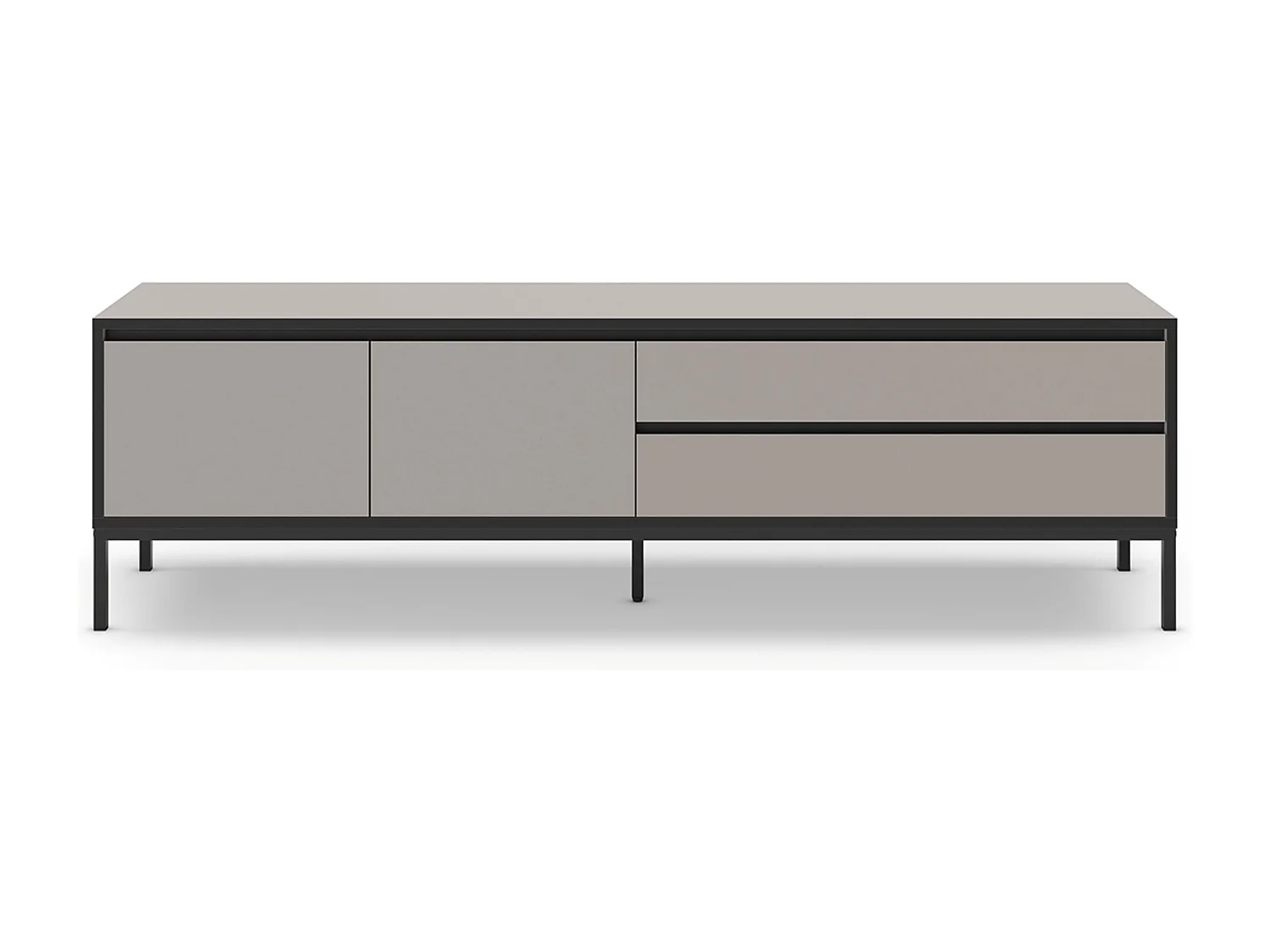 Meuble TV, Meuble de salon avec 2 portes et 2 tiroirs aspect bois coloris crème et pieds en métal noir - Longueur 180 x Profondeur 40 x Hauteur 55 cm