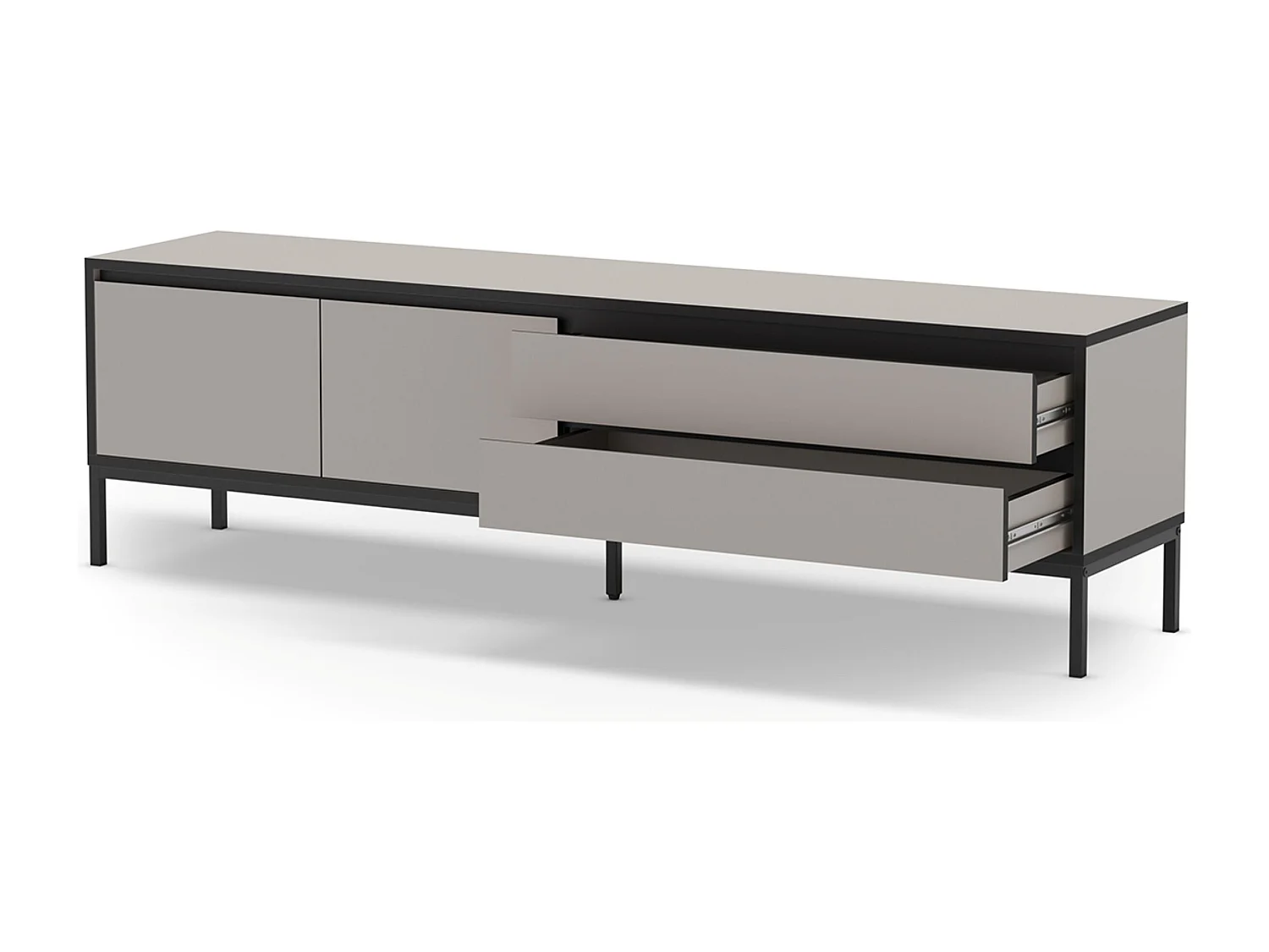 Meuble TV, Meuble de salon avec 2 portes et 2 tiroirs aspect bois coloris crème et pieds en métal noir - Longueur 180 x Profondeur 40 x Hauteur 55 cm