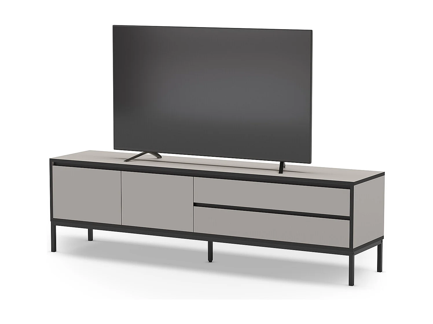Meuble TV, Meuble de salon avec 2 portes et 2 tiroirs aspect bois coloris crème et pieds en métal noir - Longueur 180 x Profondeur 40 x Hauteur 55 cm