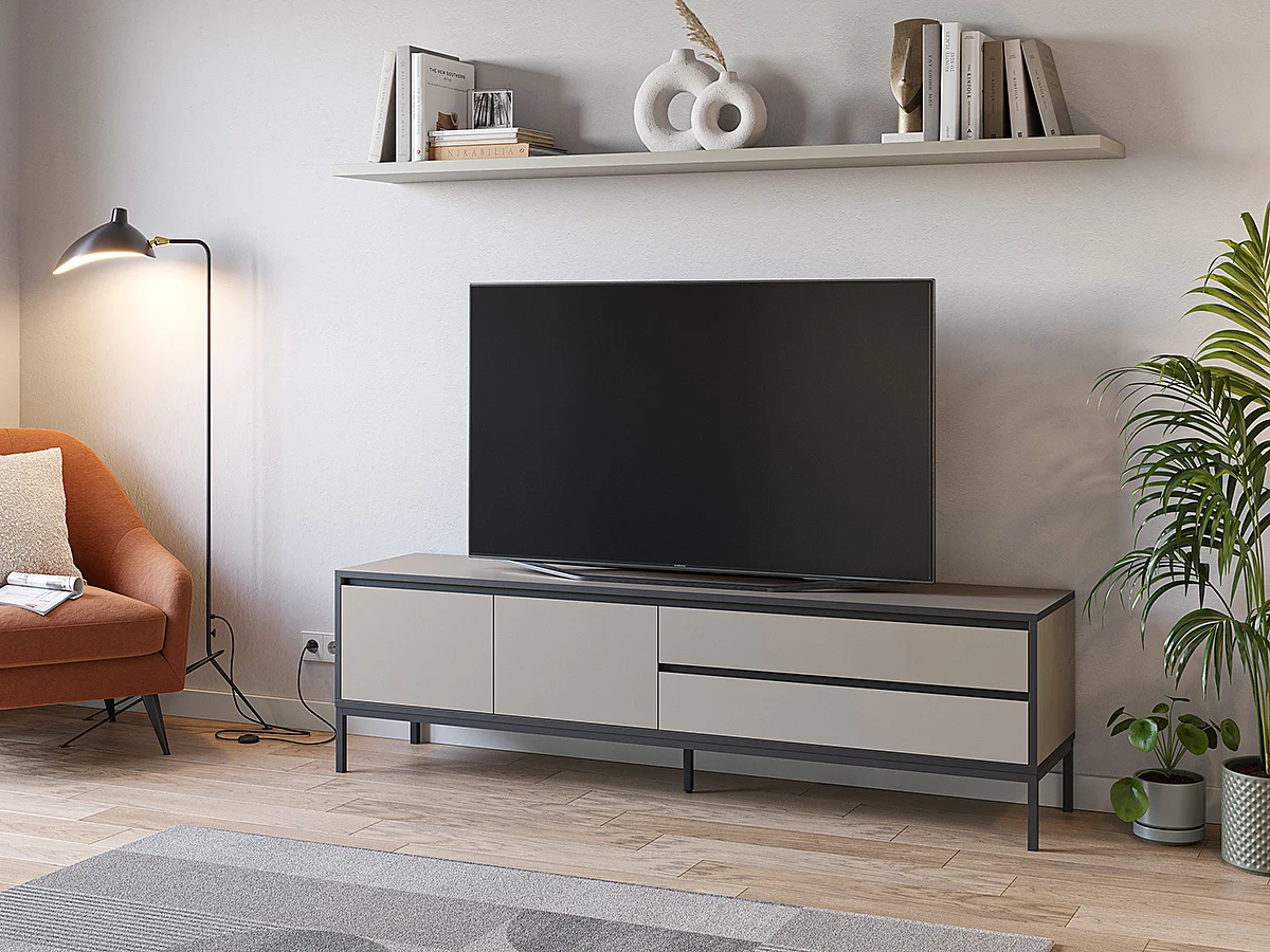 Meuble TV, Meuble de salon avec 2 portes et 2 tiroirs aspect bois coloris crème et pieds en métal noir - Longueur 180 x Profondeur 40 x Hauteur 55 cm