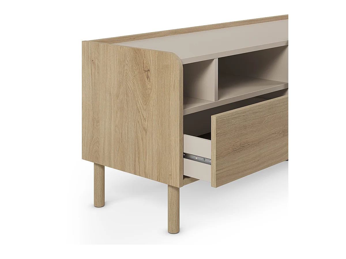 Meuble TV, meuble de salon avec 3 portes et 1 tiroir aspect bois coloris chêne - Longueur 180 x Profondeur 44 x Hauteur 55,50 cm