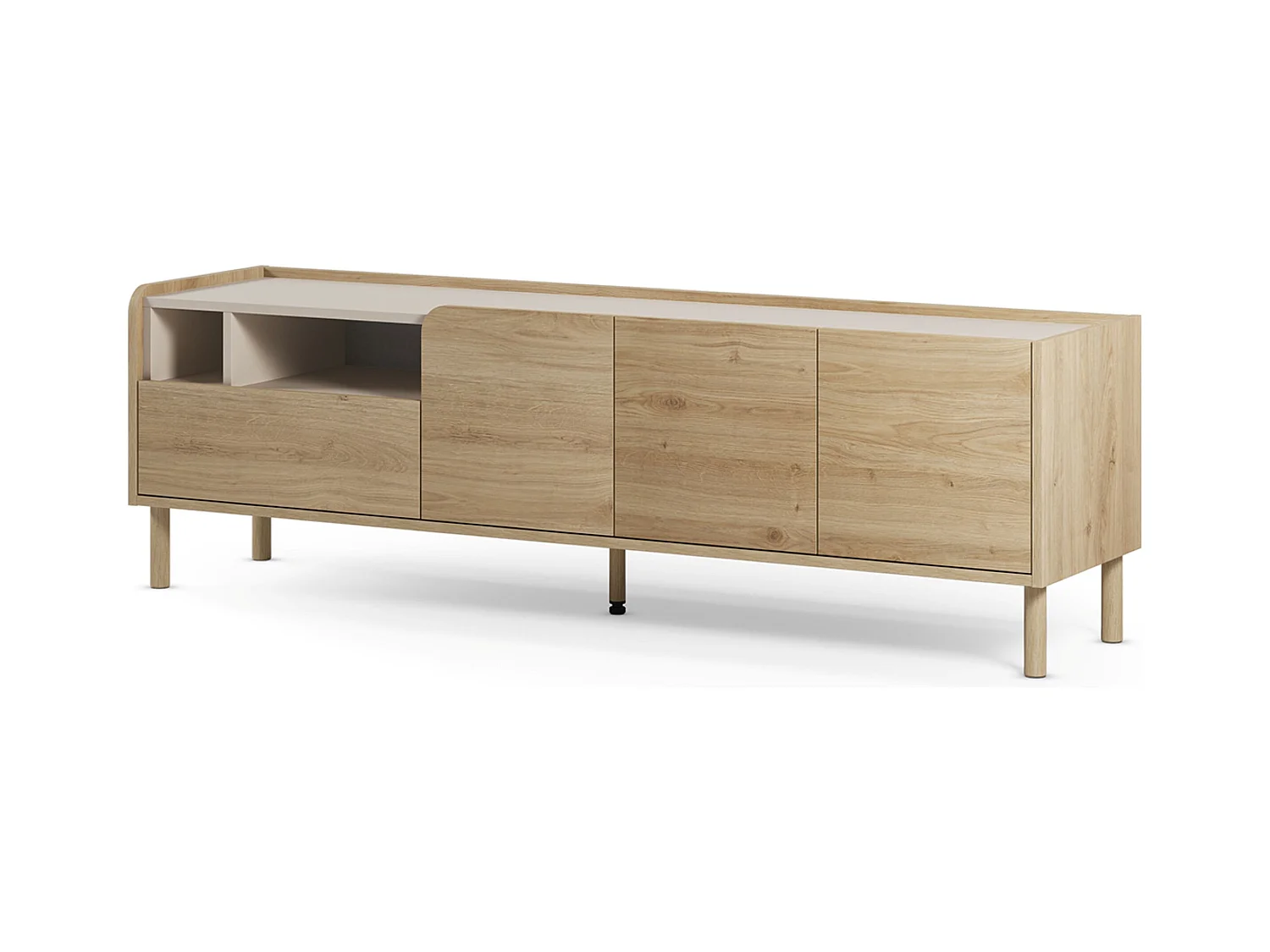 Meuble TV, meuble de salon avec 3 portes et 1 tiroir aspect bois coloris chêne - Longueur 180 x Profondeur 44 x Hauteur 55,50 cm