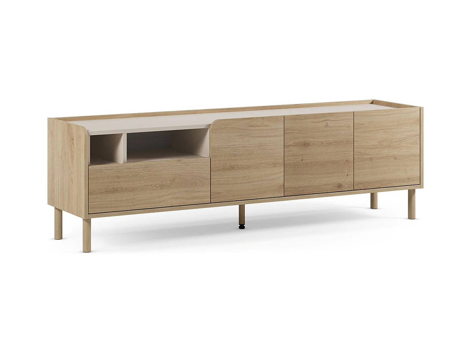 Meuble TV, meuble de salon avec 3 portes et 1 tiroir aspect bois coloris chêne - Longueur 180 x Profondeur 44 x Hauteur 55,50 cm