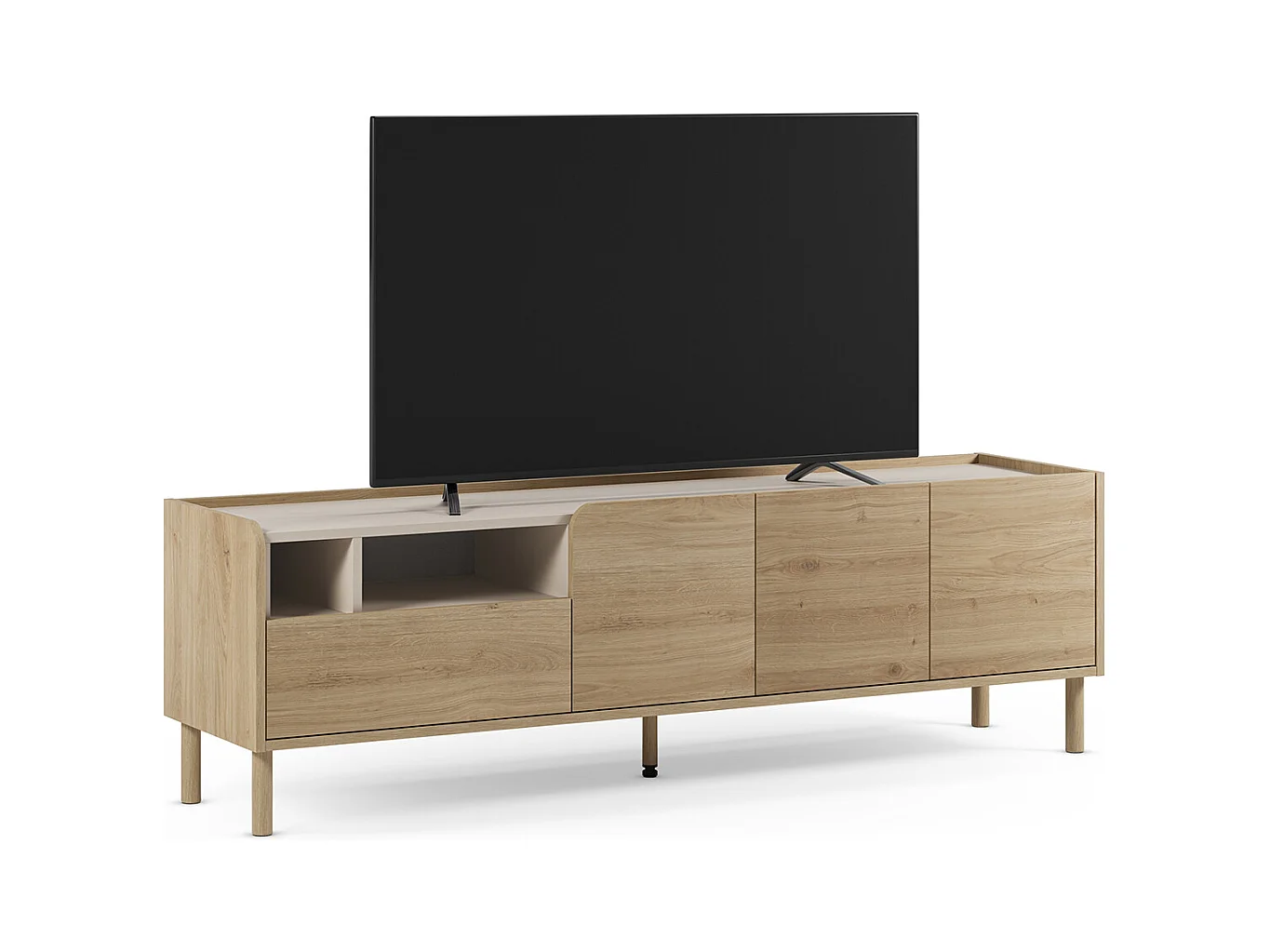 Meuble TV, meuble de salon avec 3 portes et 1 tiroir aspect bois coloris chêne - Longueur 180 x Profondeur 44 x Hauteur 55,50 cm