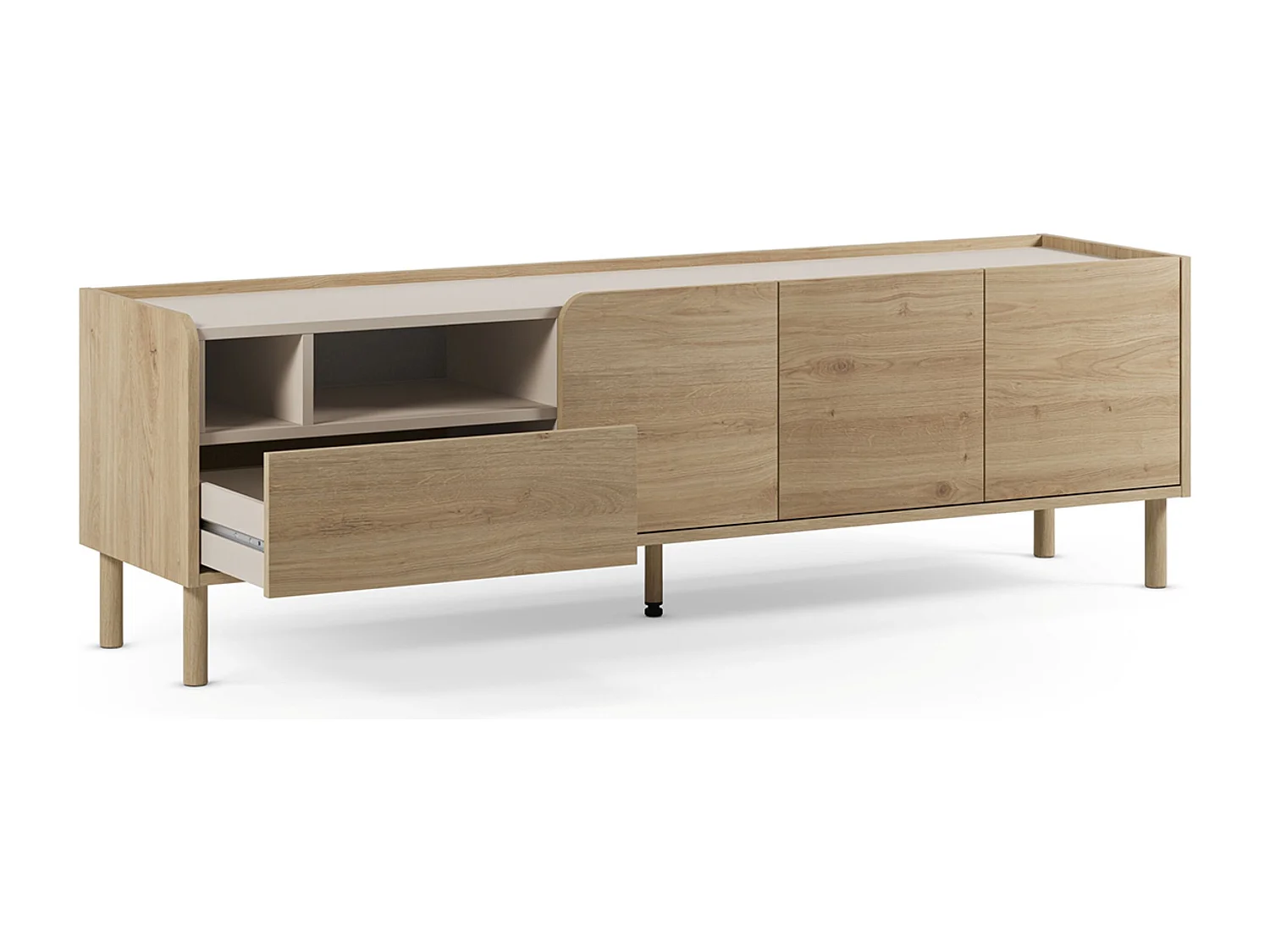 Meuble TV, meuble de salon avec 3 portes et 1 tiroir aspect bois coloris chêne - Longueur 180 x Profondeur 44 x Hauteur 55,50 cm