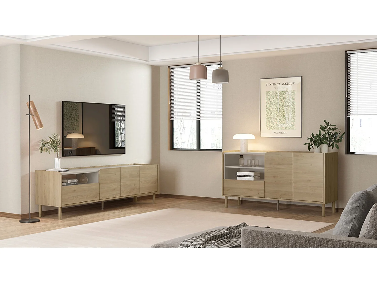 Meuble TV, meuble de salon avec 3 portes et 1 tiroir aspect bois coloris chêne - Longueur 180 x Profondeur 44 x Hauteur 55,50 cm