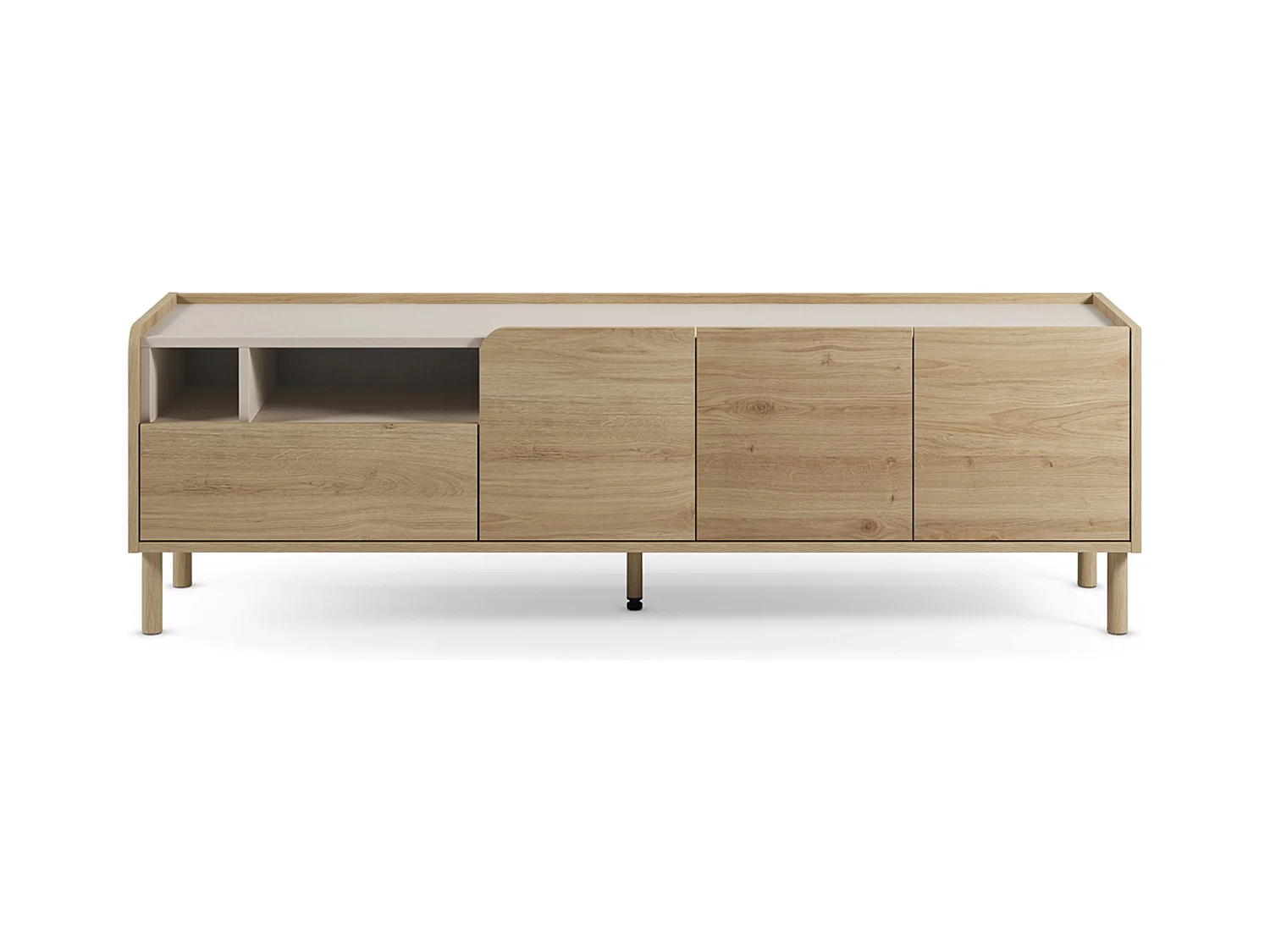 Meuble TV, meuble de salon avec 3 portes et 1 tiroir aspect bois coloris chêne - Longueur 180 x Profondeur 44 x Hauteur 55,50 cm